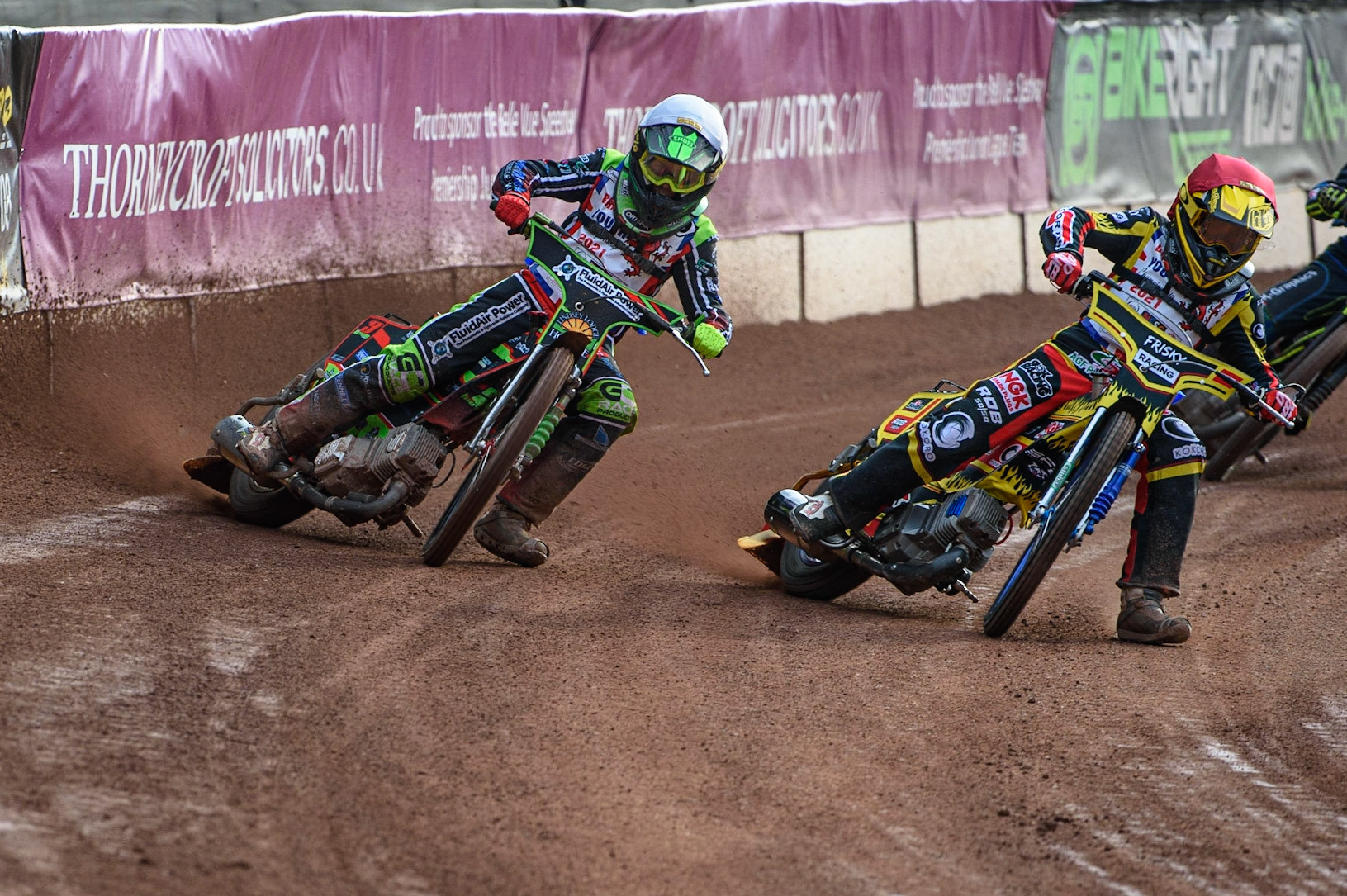 MANCHESTER, UK. MAY 28TH   Luke Harrison  (White) outside Max James (Red) during the British Junior Championship at the National Speedway Stadium, Manchester on Friday 28th May 2021. (Credit: Ian Charles | MI News)