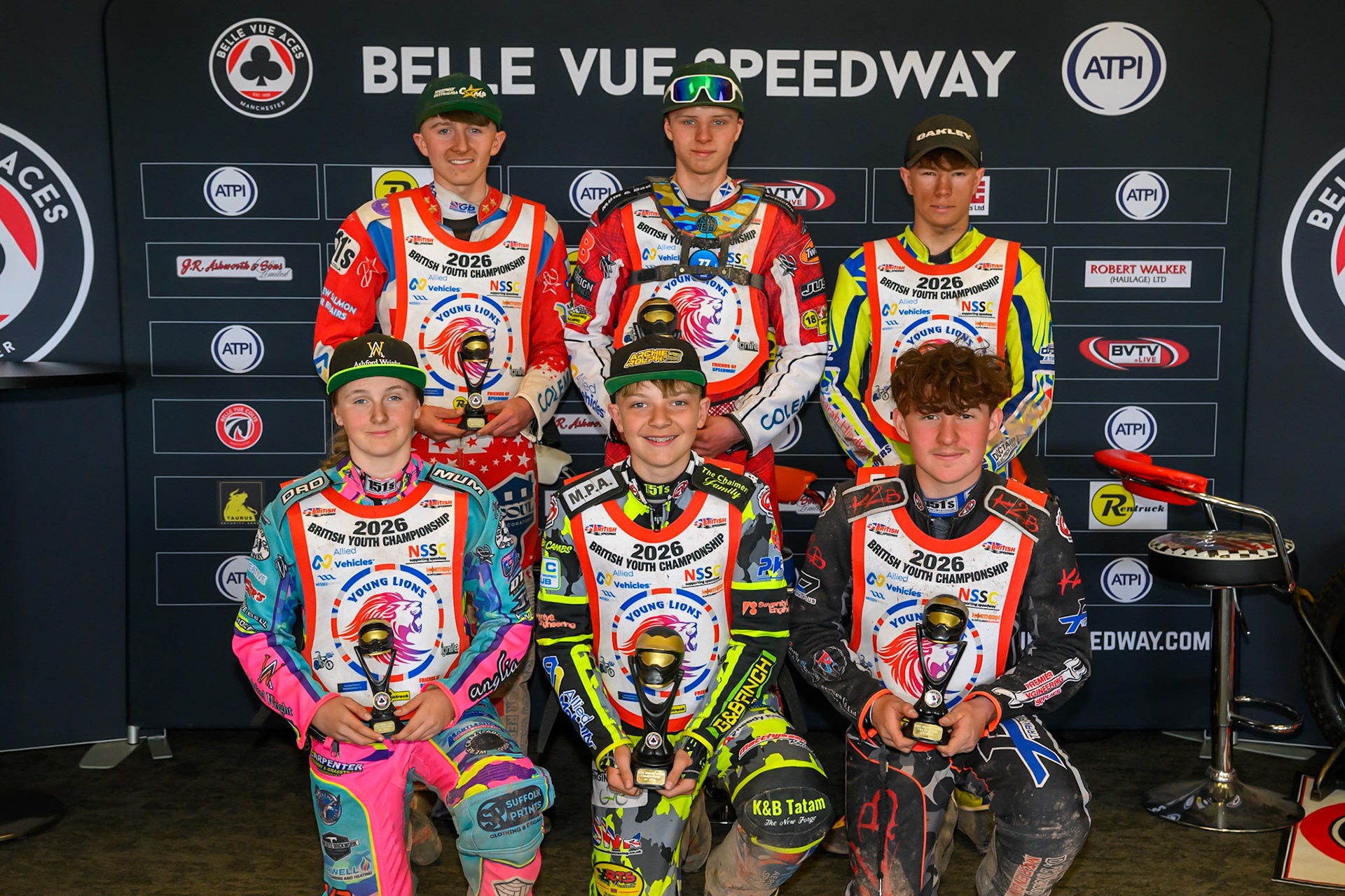 The top3 from both the 250cc and 500cc rounds:Rear: (L to R) Ollie Binns (91), Stene Pijper (159), Harry Fletcher (23)Kneeling: (L to R) Demi Blu Harris (22) , Archie Rolph (3), Kane Newby (14) during the British Youth Speedway Championship  at the National Speedway Stadium, Manchester on Sunday 10th May 2026. (Photo: Ian Charles | MI News)