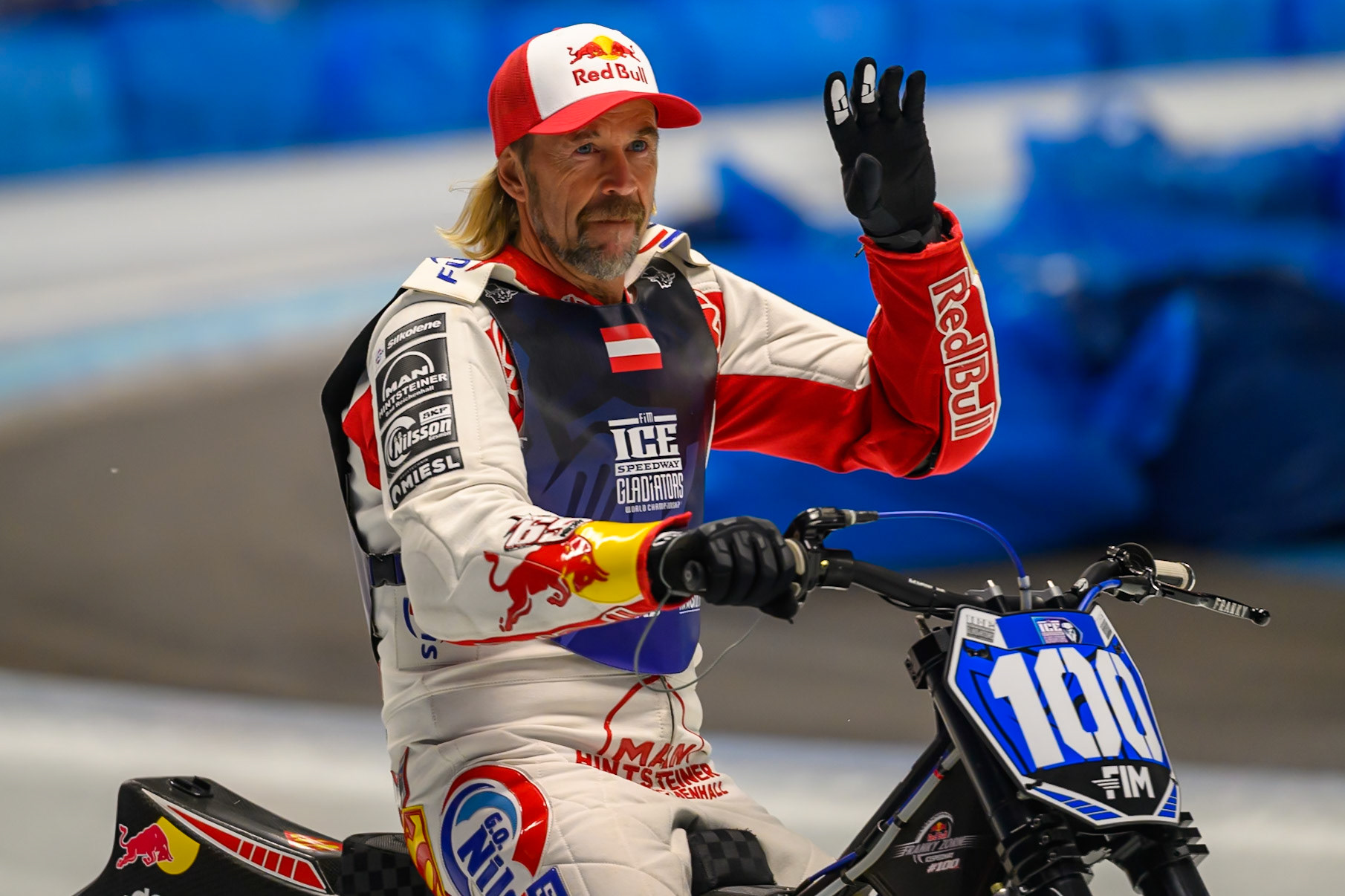 Franz Zorn (100) of Austria  on the parade lap during the Ice Speedway Gladiators World Championship Final 1 at Max-Aicher-Arena, Inzell on Saturday 14th March 2026. (Photo: Ian Charles | MI News)