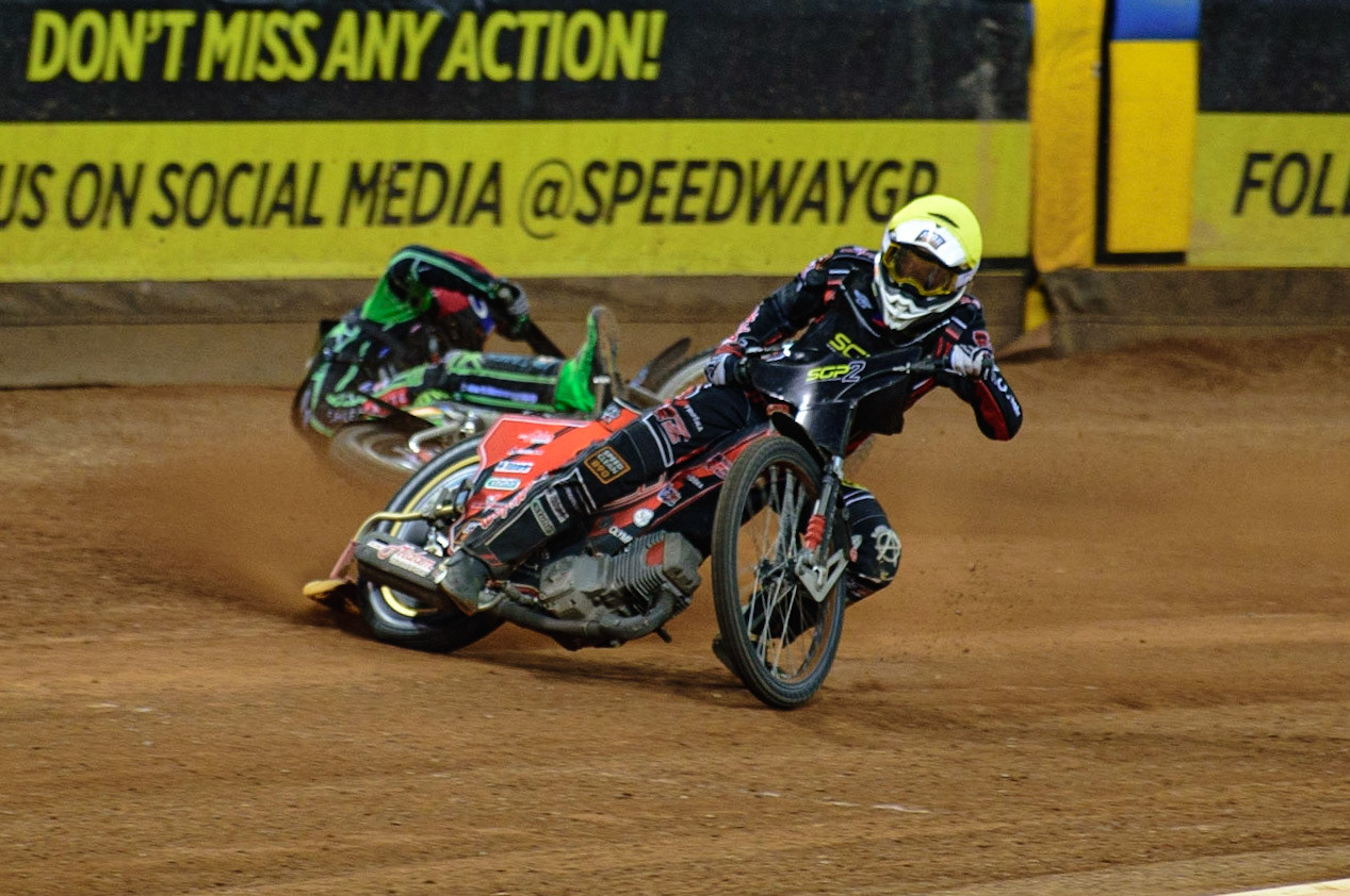 Jan Kvech (Czech Republic)  (White) brings down Benjamin Basso (Denmark)  (Red) during the FIM  Speedway Grand Prix  2 of Great Britain at the Principality Stadium, Cardiff on Sunday 14th August 2022. (Credit: Ian Charles | MI News)