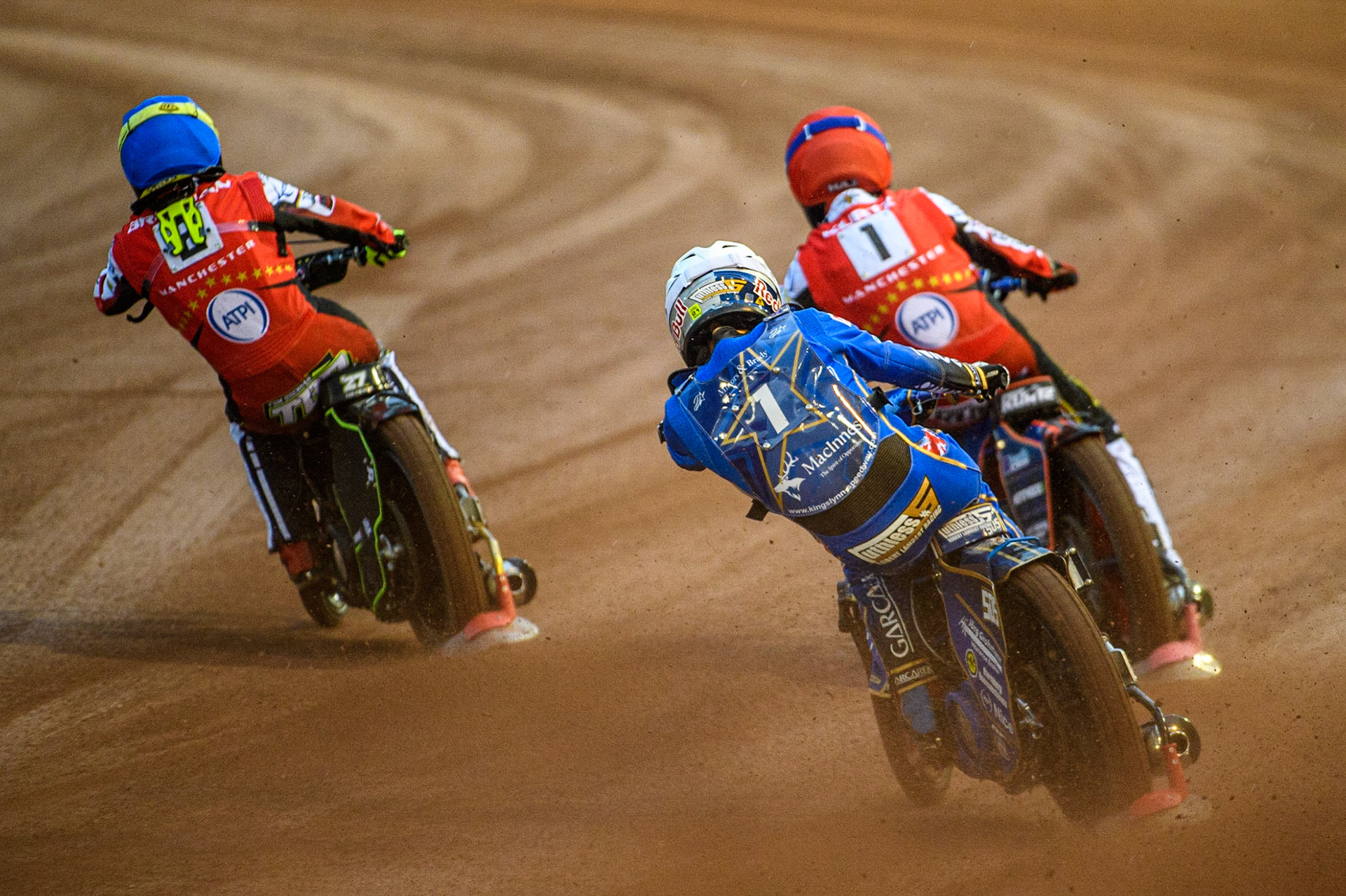 Robert Lambert (White) chases Tom Brennan (Blue) and Brady Kurtz (Red) during the Sports Insure Premiership match between Belle Vue Aces and King's Lynn Stars at the National Speedway Stadium, Manchester on Monday 21st August 2023. (Photo: Ian Charles | MI News)