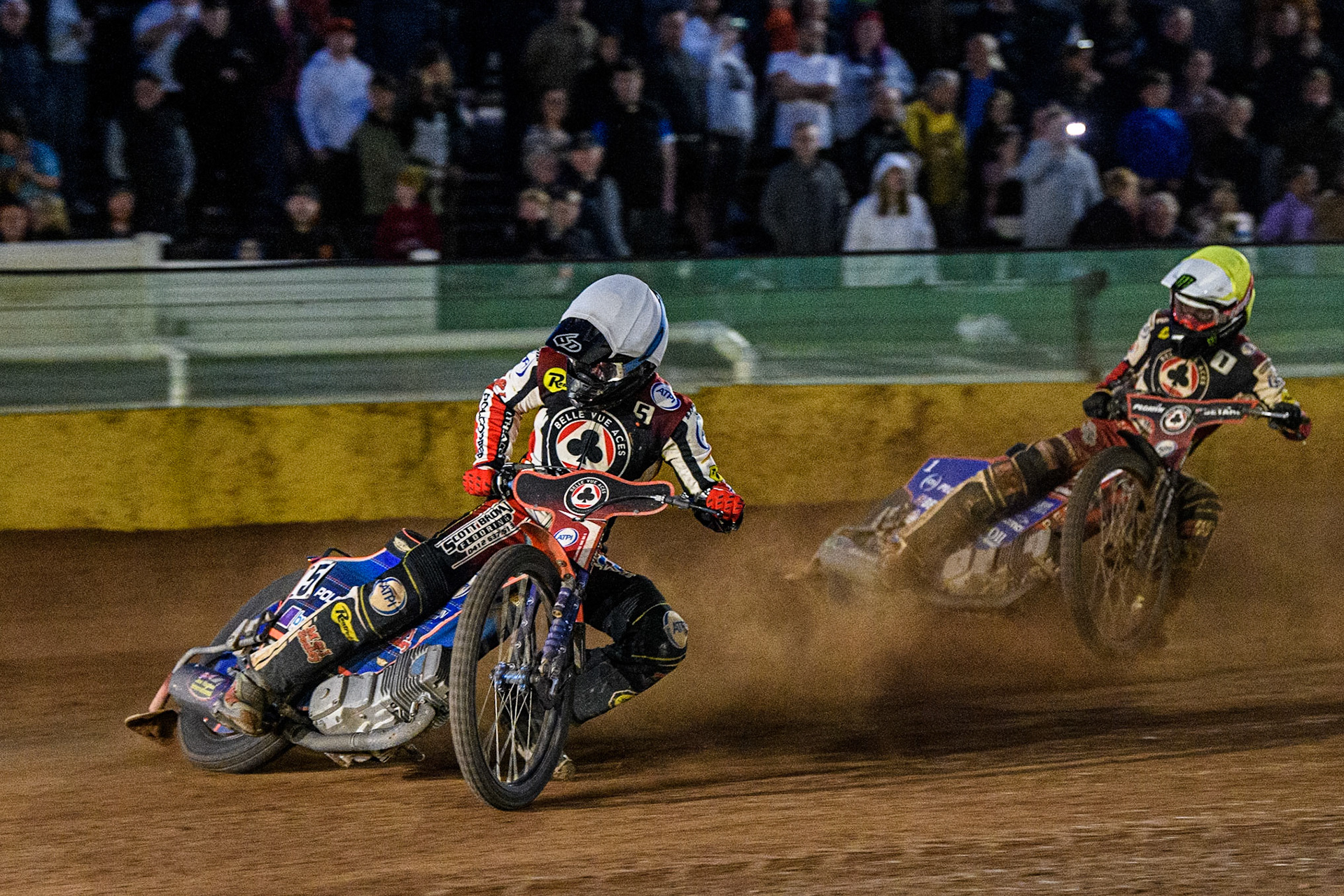Brady Kurtz (White) leads team mate Dan Bewley (Yellow) during the Sports Insure Premiership match between Wolverhampton Wolves and Belle Vue Aces at Monmore Green Stadium, Wolverhampton on Monday 29th May 2023. (Photo: Ian Charles | MI News)