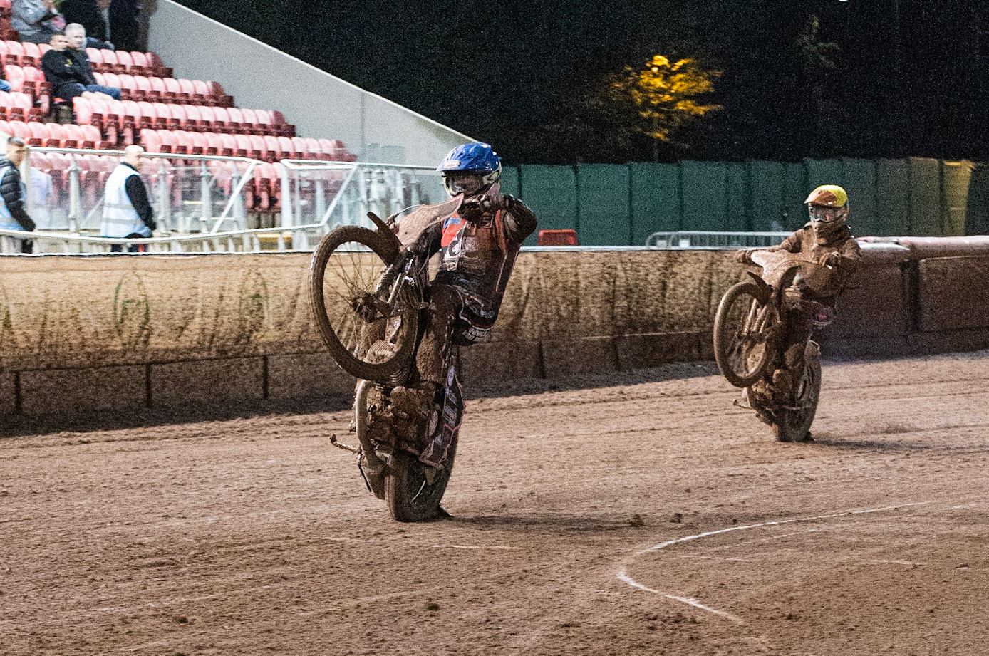 Photo: Ian Charles

Leon Flint  (Blue) and Jason Edwards  (Yellow) pull wheelies at the end of the meeting

Belle Vue Colts v Mildenhall Fen Tigers, National League, Belle Vue National Speedway Stadium, Manchester, Monday 2  September  2019