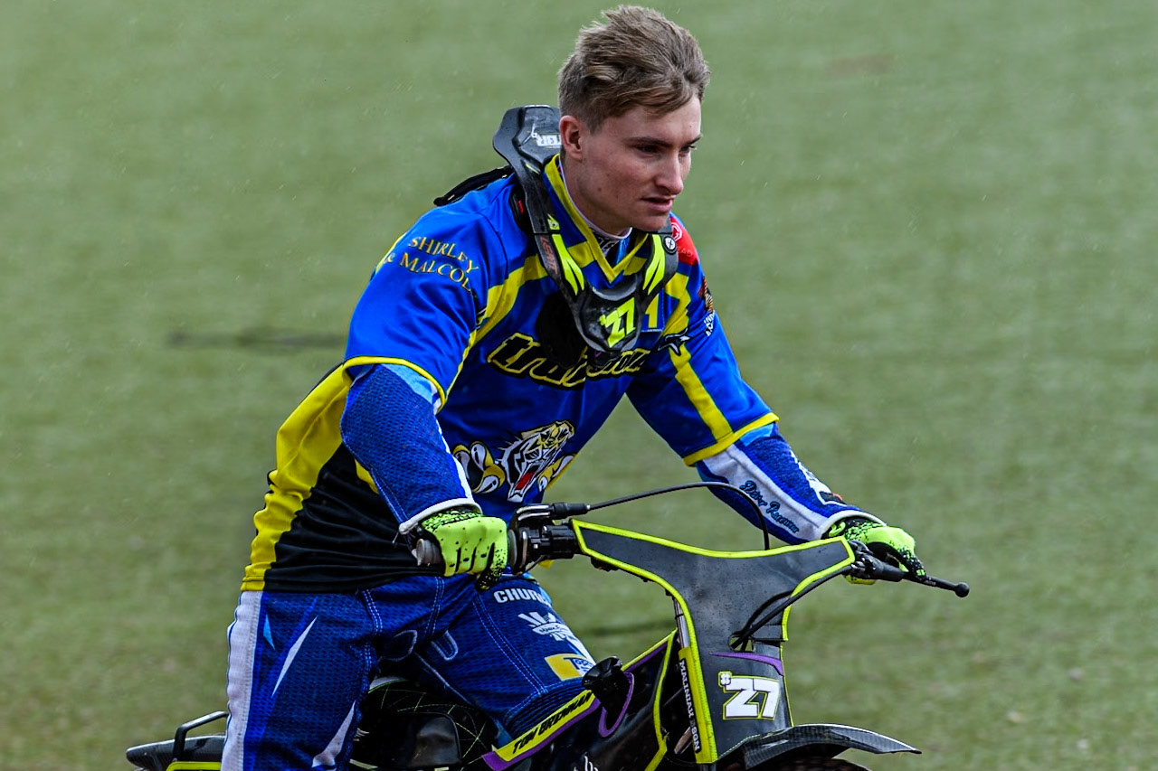 Sheffield Tigers' Guest rider Tom Brennan on the parade lap during the Rowe Motor Oil Premiership match between Belle Vue Aces and Sheffield Tigers at the National Speedway Stadium, Manchester on Monday 27th May 2024. (Photo: Ian Charles | MI News)