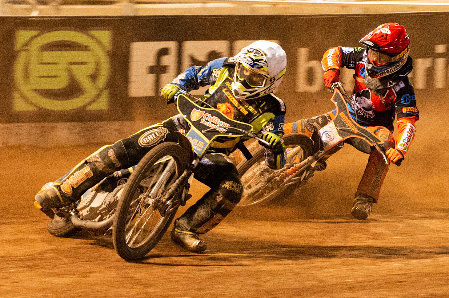 Photo: Ian Charles

Danyon Hume  (White) leads Jordan Palin  (Red)

Belle Vue Colts v Leicester Cubs, SGB National League, Belle Vue National Speedway Stadium, Manchester, Thursday 8  August  2019