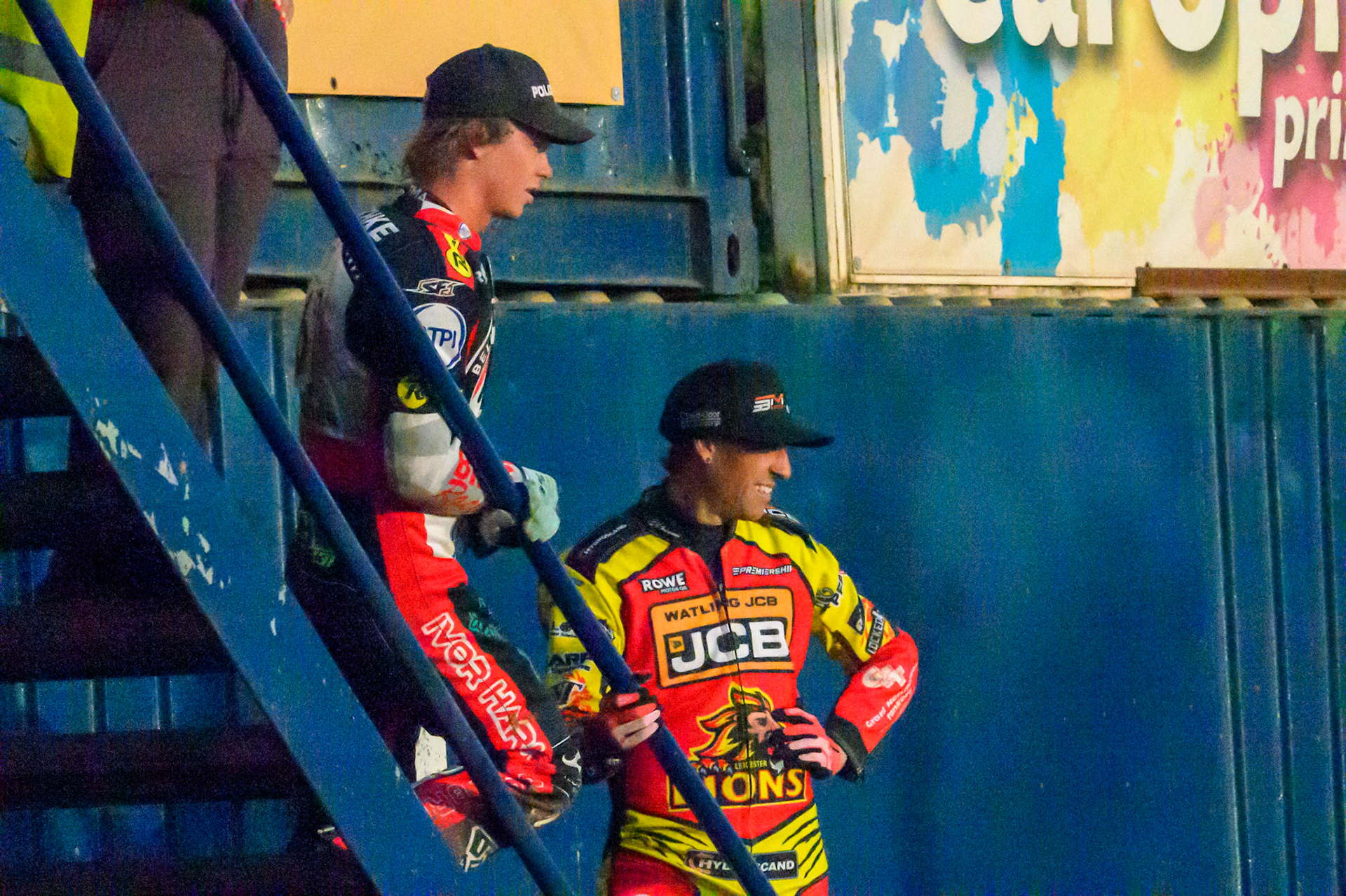 Tate Zischke of Belle Vue Aces (Left) and Sam Masters of Leicester Lions  watch the racing from the pits during the Rowe Motor Oil Premiership match between Leicester Lions and Belle Vue Aces at the Hydroscan Arena, Leicester on Thursday 23rd July 2026. (Photo: Ian Charles | MI News)