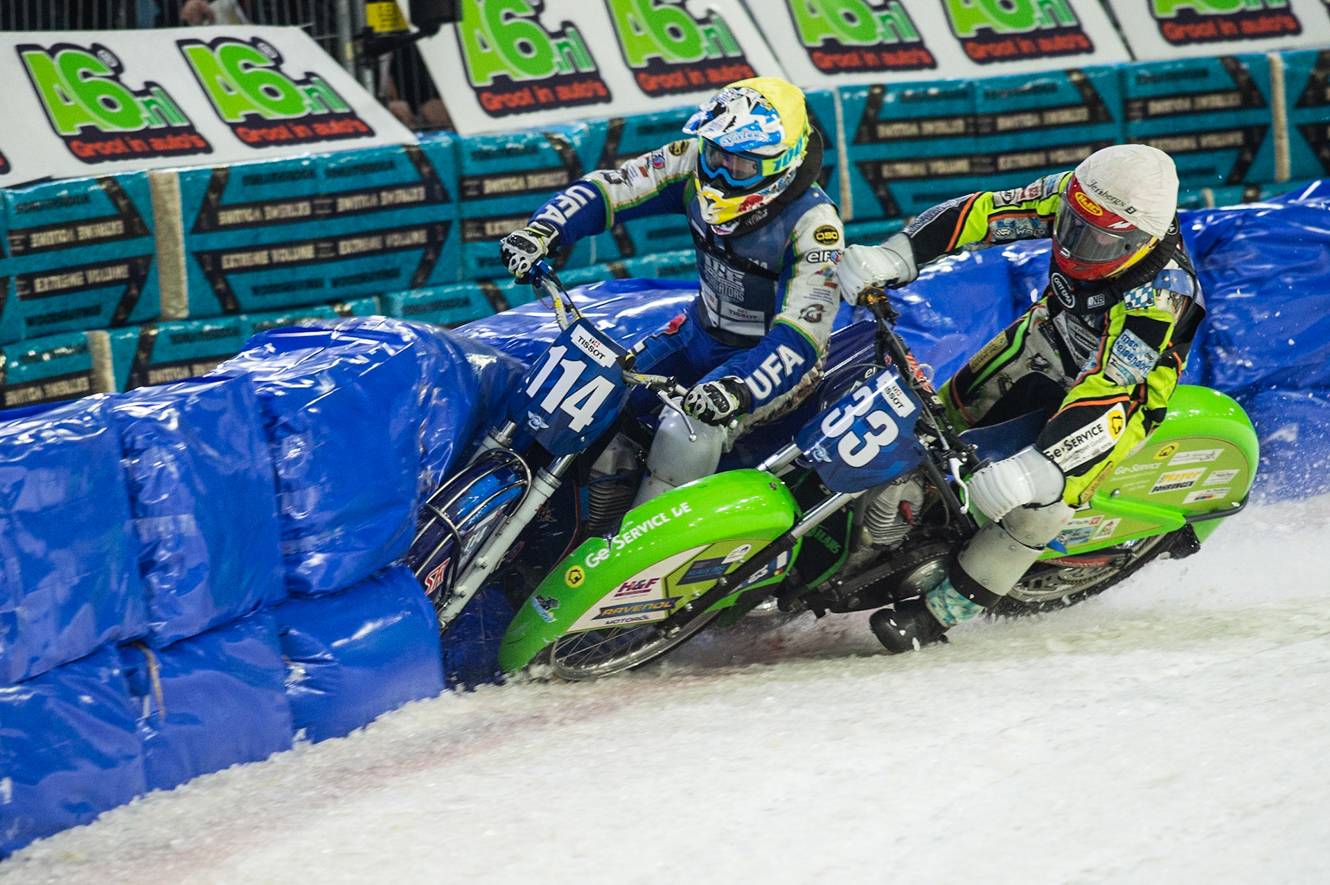 Photo: Ian Charles

Johann Weber (33) and Dinar Valeev (114) lock together and crash out 

FIM Ice Speedway Gladiators World Championship, Event 5.1, Ice Rink Thialf, Heerenveen, Netherlands Saturday  30  March  2019