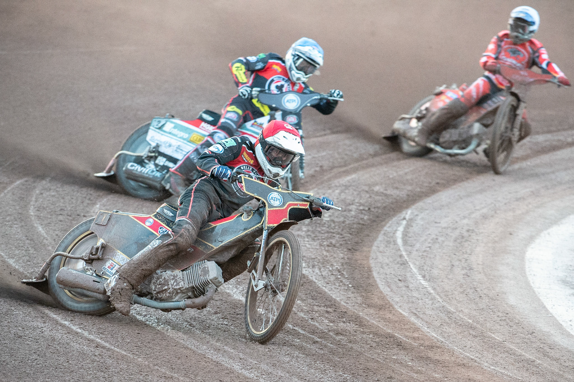 Photo by Ian Charles:

Max Fricke (Red) and Steve Worrall (Blue) lead Rohan Tungate (White)

Belle Vue Aces v Peterborough Panthers, National Speedway Stadium, Manchester, Wednesday, 10, April, 2019