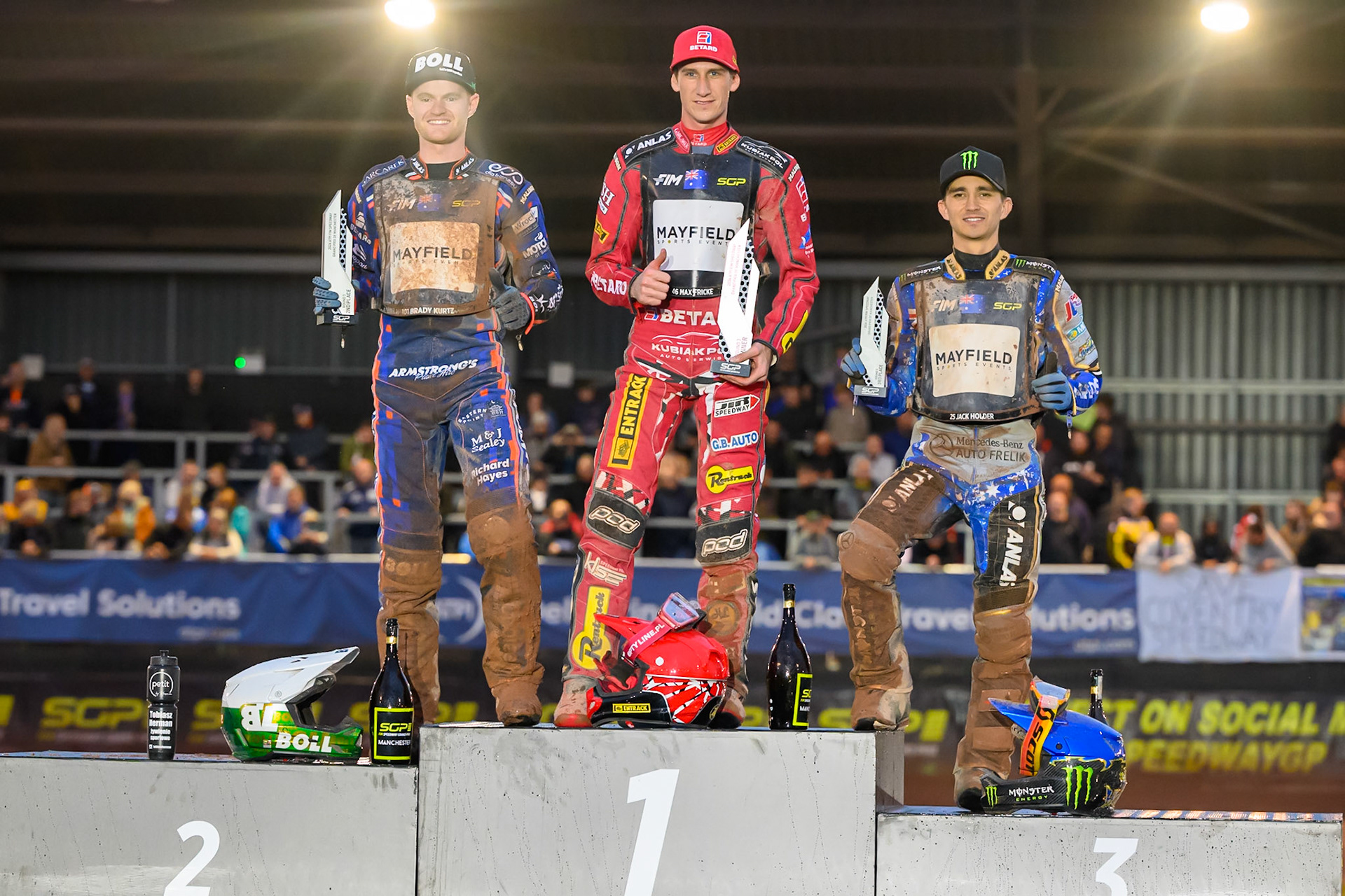 Top3: (L to R) Brady Kurtz (2nd), Max Fricke (Winner), Jack Holder (3rd)   during the ATPI  FIM Speedway GP of Manchester at the National Speedway Stadium, Manchester on Friday 5th June 2026. (Photo: Ian Charles | MI News)