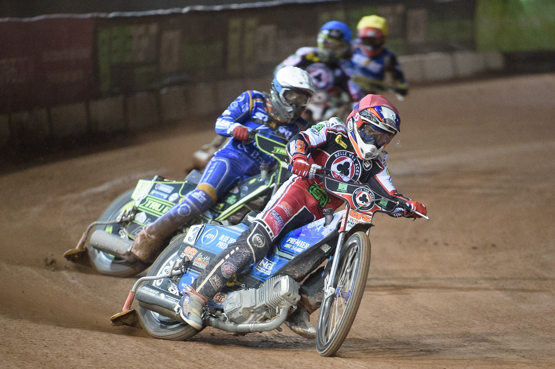 MANCHESTER, UK. SEPT 13TH  Steve Worrall  (Red) leads Craig Cook  (White), Charles Wright  (Blue) and Ben Barker  (Yellow) during the SGB Premiership match between Belle Vue Aces and King's Lynn Stars at the National Speedway Stadium, Manchester on Monday 13th September 2021. (Credit: Ian Charles | MI News)