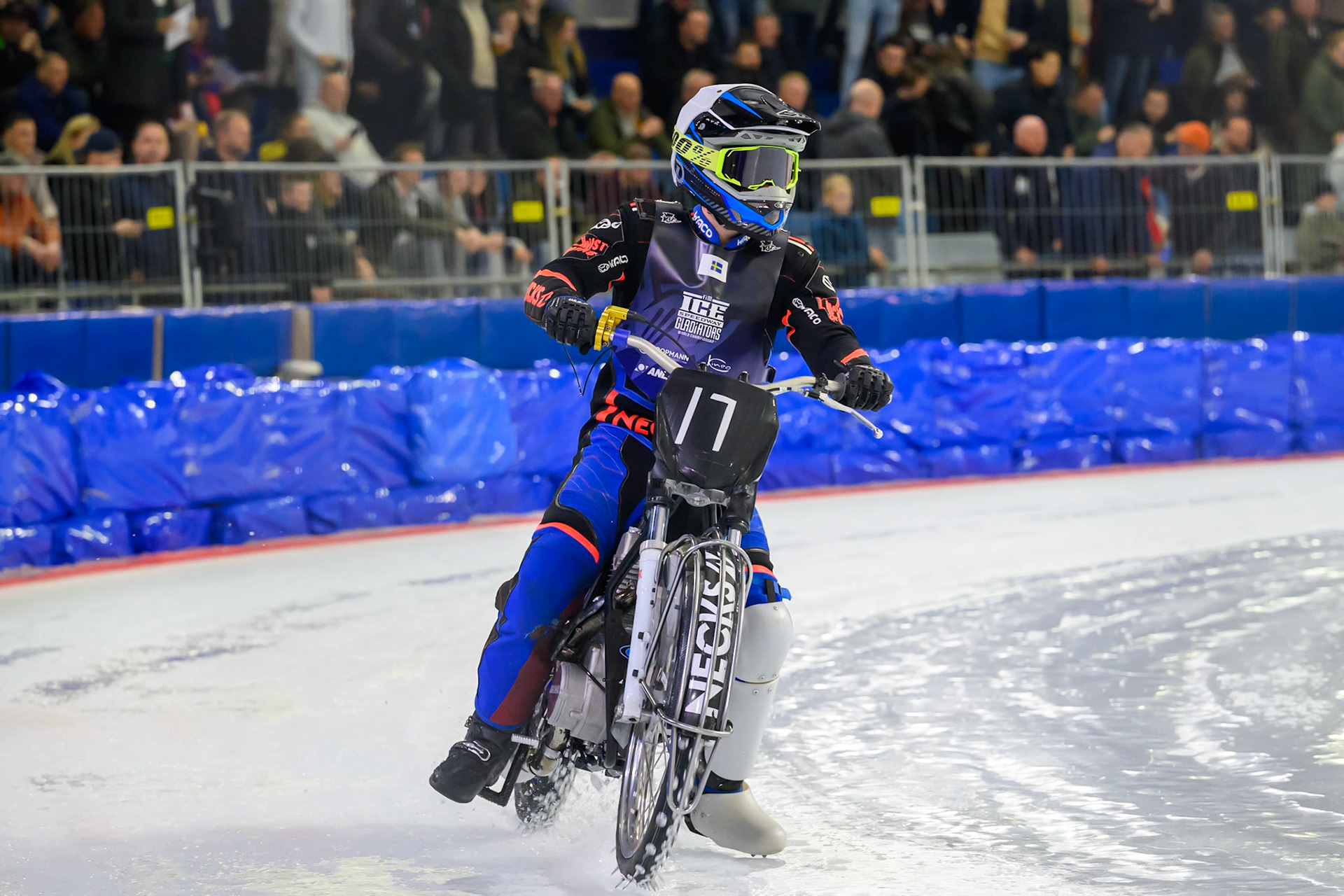 Melwyn Bjorklin (17) of Sweden makes his way to the start during the FIM Ice Speedway Gladiators World Championship Final 3 at Ice Rink Thialf, Heerenveen on Saturday 11th April 2026. (Photo: Ian Charles | MI News)