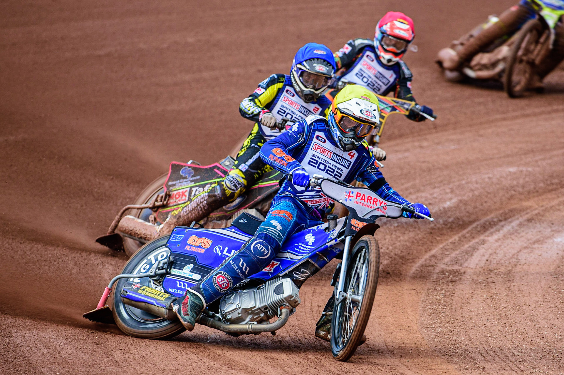 Steve Worrall (Yellow) leads Leon Flint  (Blue), and Connor Mountain  (Red) during the Sports Insure British Speedway Final, at the National Speedway Stadium, Manchester, on Sunday 18th September 2022. (Credit: Ian Charles | MI News )