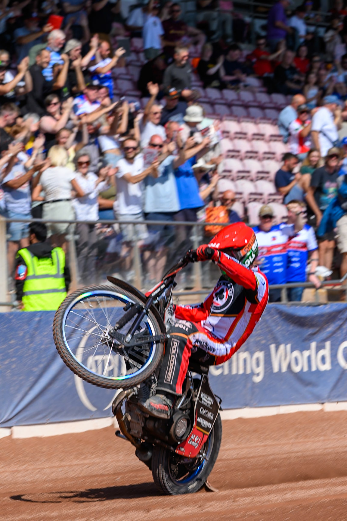 Brady Kurtz of Belle Vue Aces  celebrates with a wheelie during the Rowe Motor Oil Premiership match between Belle Vue Aces and Sheffield Tigers at the National Speedway Stadium, Manchester on Monday 25th August 2025. (Photo: Ian Charles | MI News)