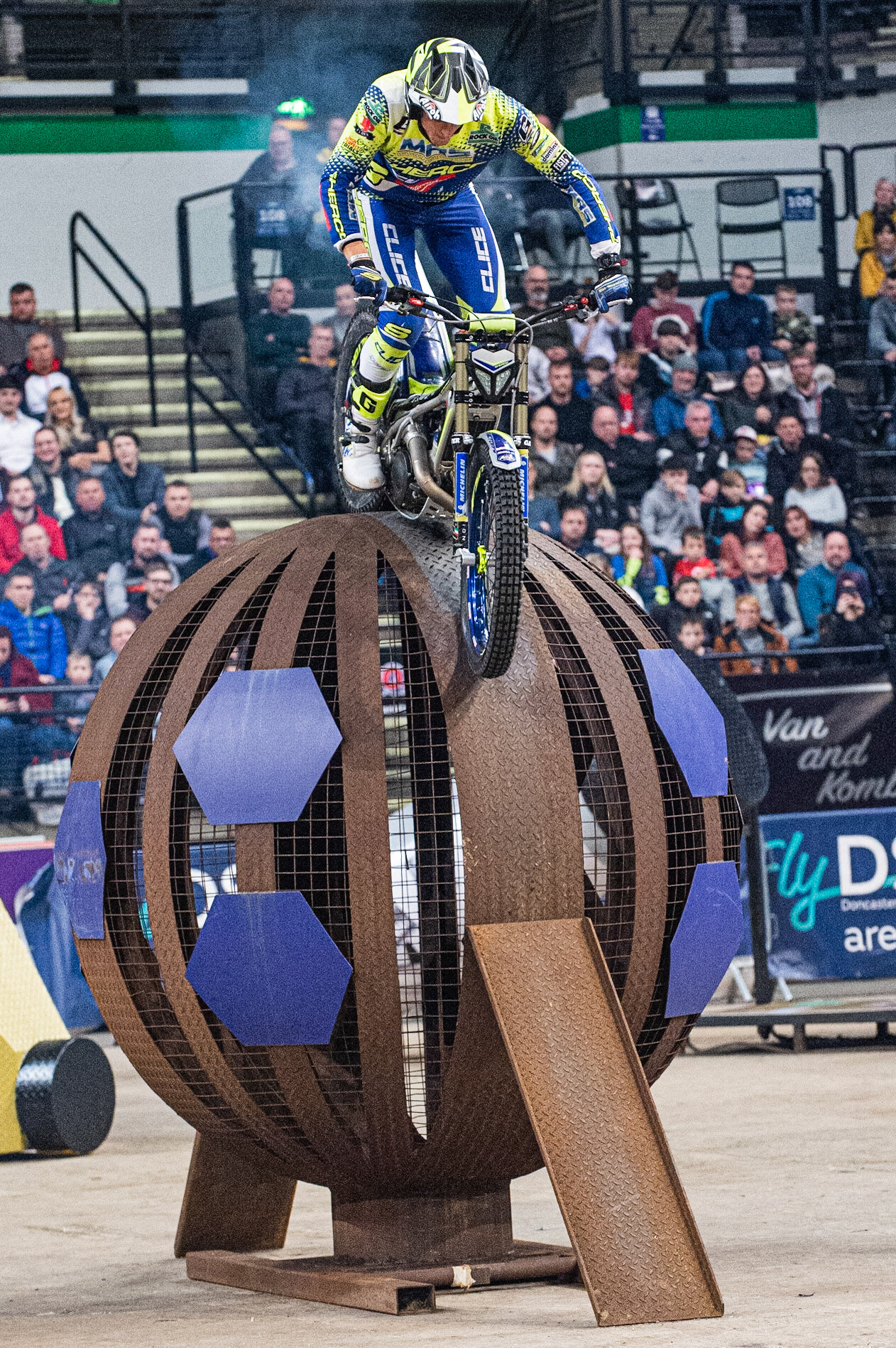SHEFFIELD, ENGLAND  - DECEMBER 28TH  Jack Peace, UK (Sherco) rides over the globe  during the 25th Anniversary Sheffield Indoor Trial at the FlyDSA Arena, Sheffield on Saturday 28th December 2019. (Credit: Ian Charles | MI News)