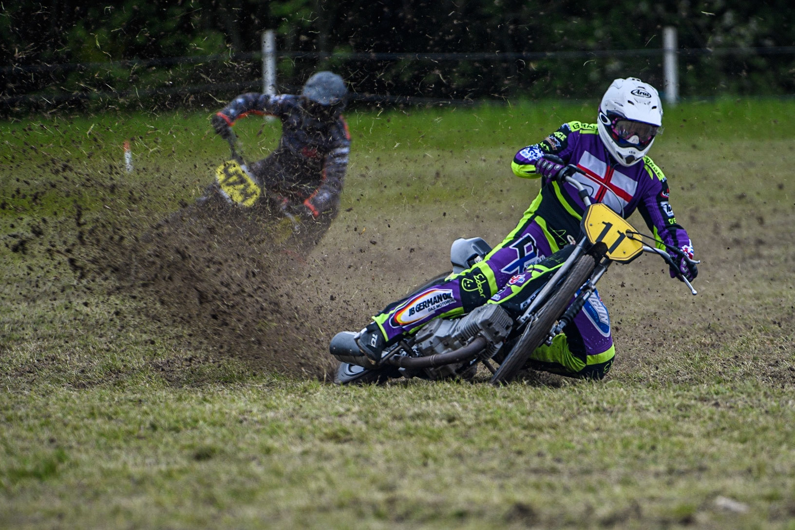 Paul Cooper (11) leads Jack Roberts (474) in the 500cc Class during the Cheshire Grass Track Three Trophies meeting at High Legh, Cheshire on Sunday 14th May 2023. (Photo: Ian Charles | MI News)