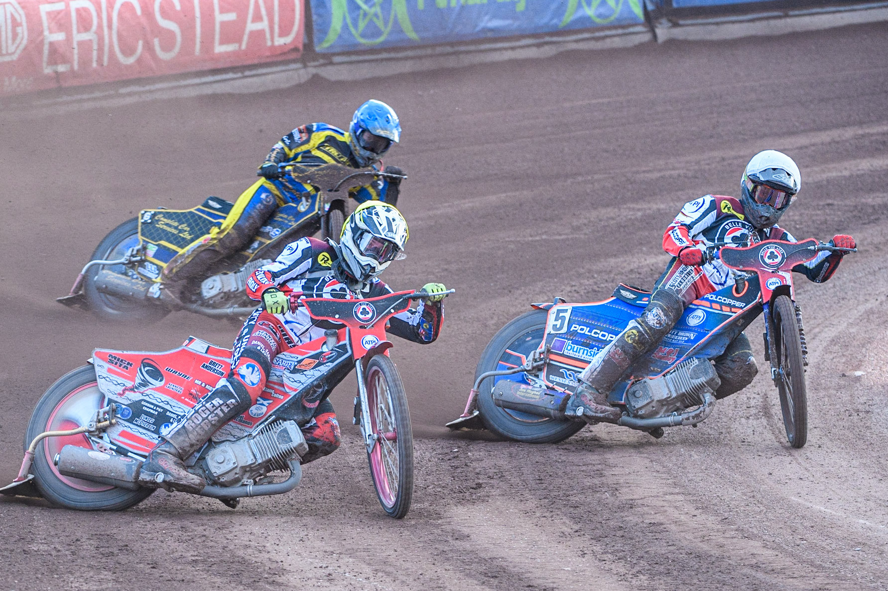 Connor Bailey (Yellow) leads team mate Brady Kurtz (White) as they lead Kyle Howarth (Blue) during the Sports Insure Premiership match between Sheffield Tigers and Belle Vue Aces at Owlerton Stadium, Sheffield on Thursday 20th July 2023. (Photo: Ian Charles | MI News)