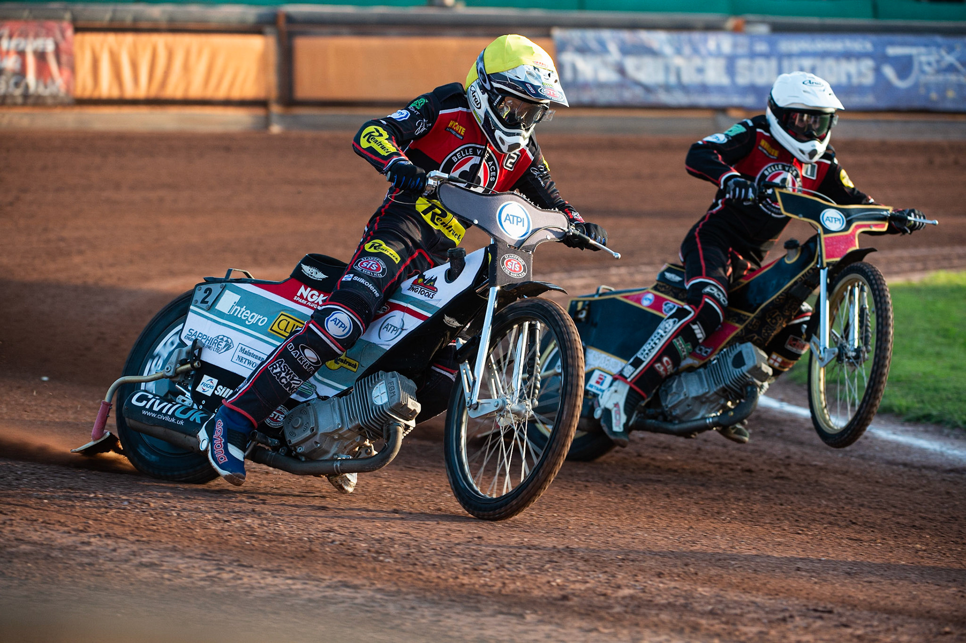 Photo by Ian Charles:

Steve Worrall  (Yellow) and Max Fricke (White) make it a dream start for the Aces scoring maximum points

Wolverhampton Wolves v Belle Vue Aces, British Speedway Premiership 5 August 2019