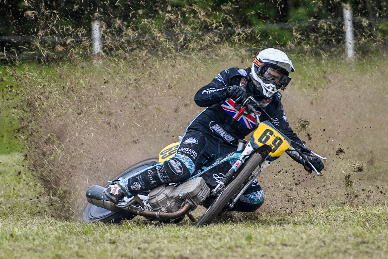 Chad Wirtzfield (69) kicks up the dirt in the 500cc Class during the Cheshire Grass Track Three Trophies meeting at High Legh, Cheshire on Sunday 14th May 2023. (Photo: Ian Charles | MI News)