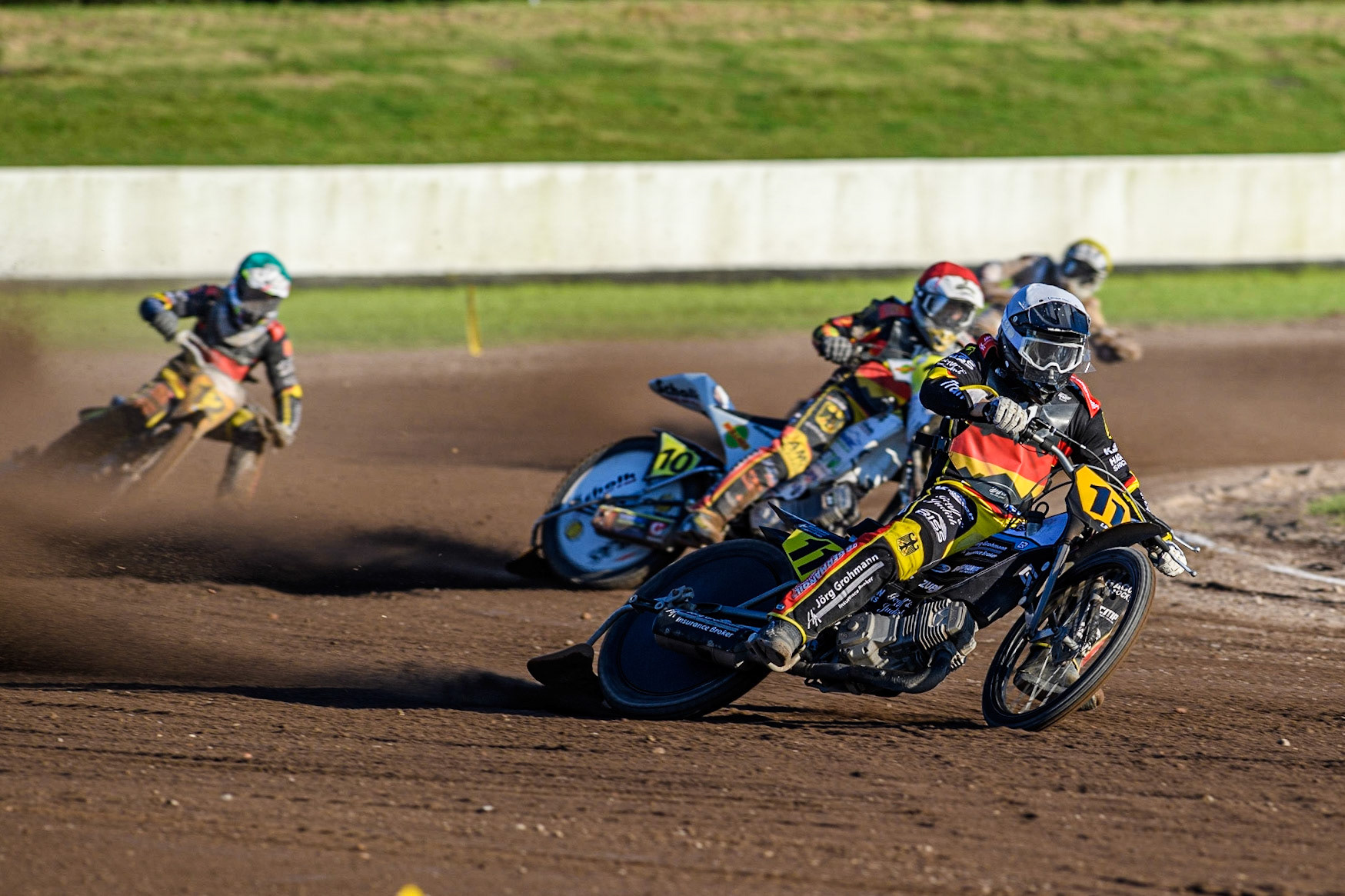 Germany’s top scorer Erik Riss leads  team mate Martin Smolinski during the FIM Long Track Of Nations event at the Speed Centre Roden on Sunday 24th September 2023. (Photo: Ian Charles | MI News)