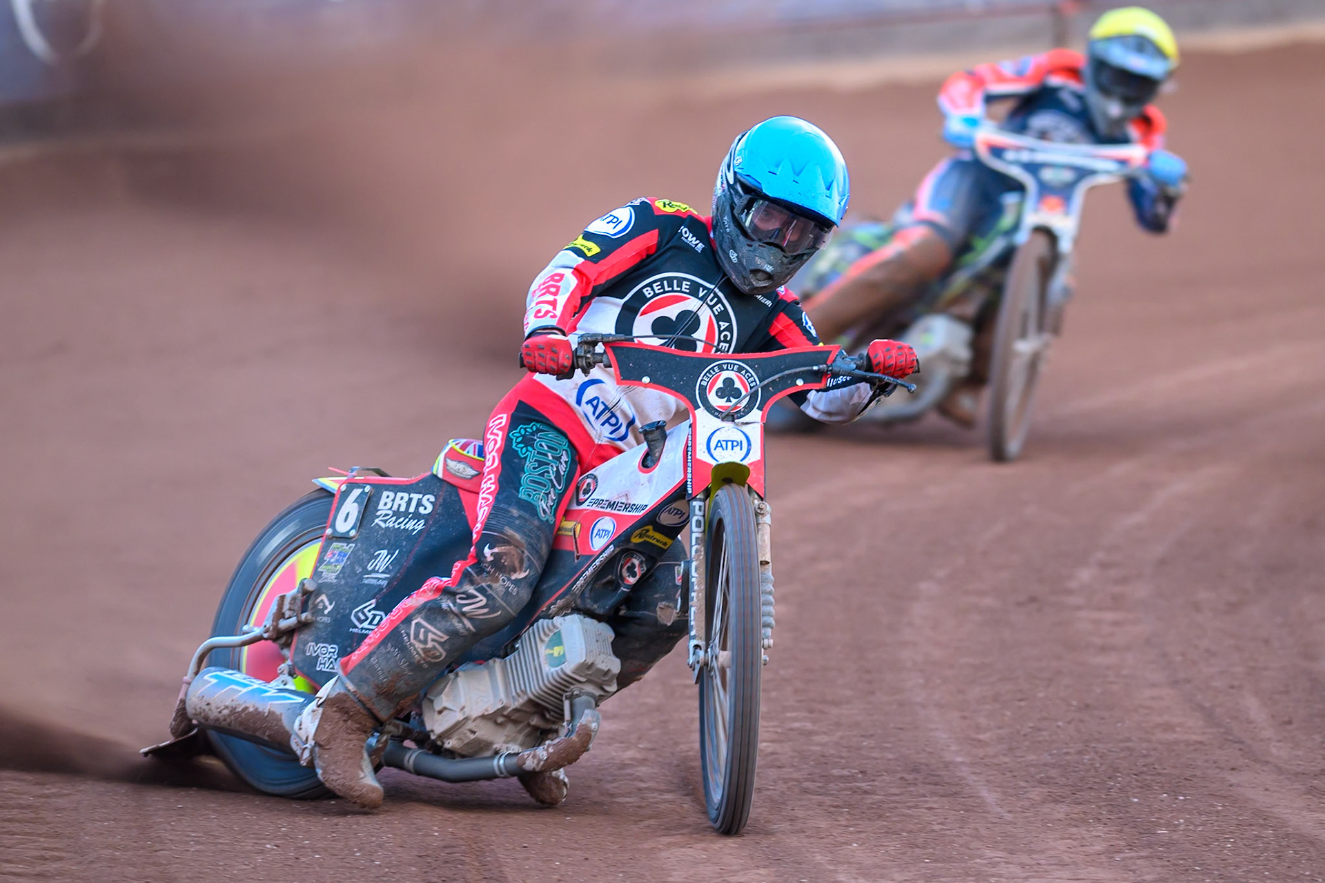Tate Zischke of Belle Vue Aces in Blue leading Kye Thomson of Northampton Foxes in Yellow during the Rowe Motor Oil Premiership match between Belle Vue Aces and Northampton Foxes at the National Speedway Stadium, Manchester on Monday 13th July 2026. (Photo: Ian Charles | MI News)