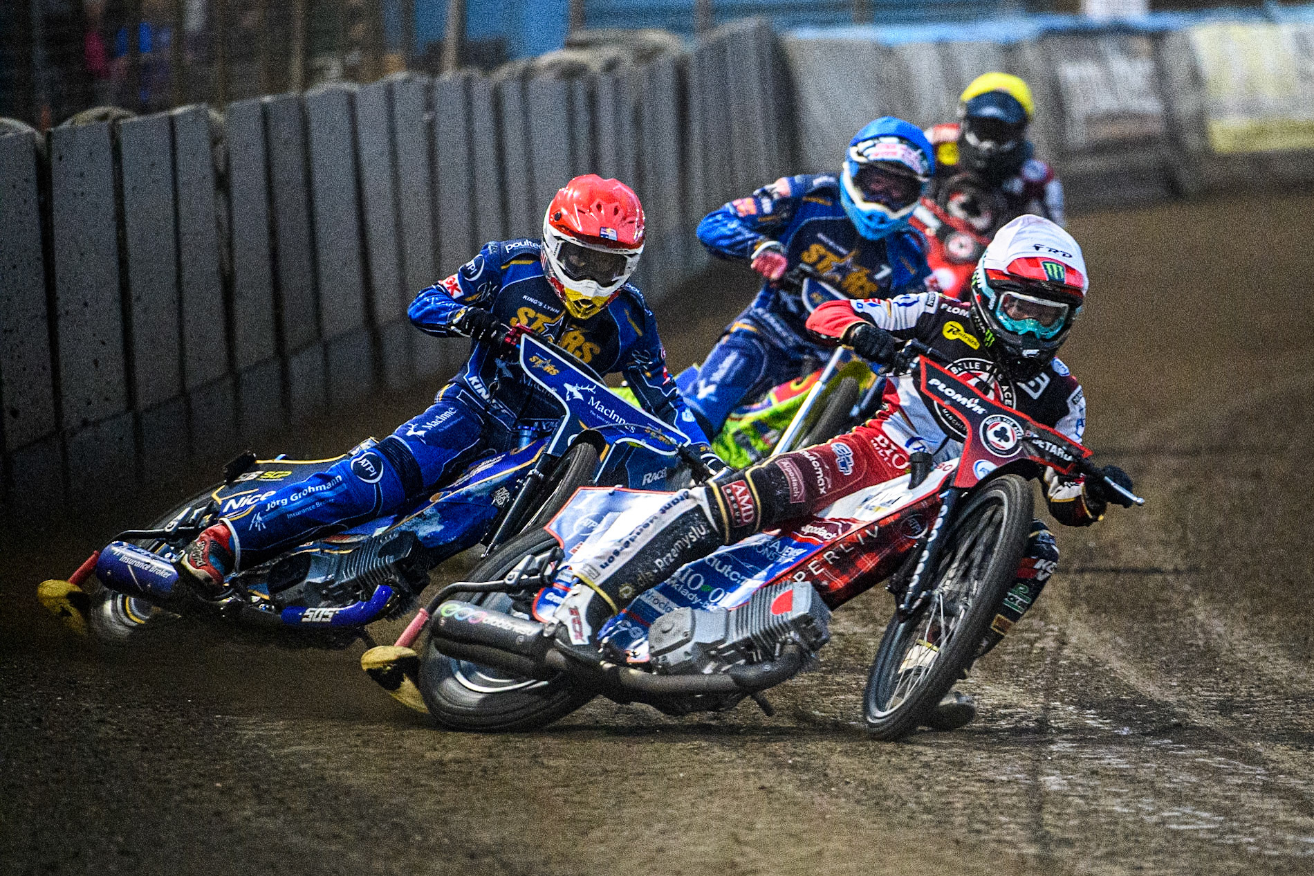 Dan Bewley  (White) leads  Robert Lambert  (Red), Anders Rowe  (Blue) and Norick Blodorn  (Yellow) during the Sports Insure Premiership match between King's Lynn Stars and Belle Vue Aces at the Adrian Flux Arena, King's Lynn on Thursday 24th August 2023. (Photo: Ian Charles | MI News)