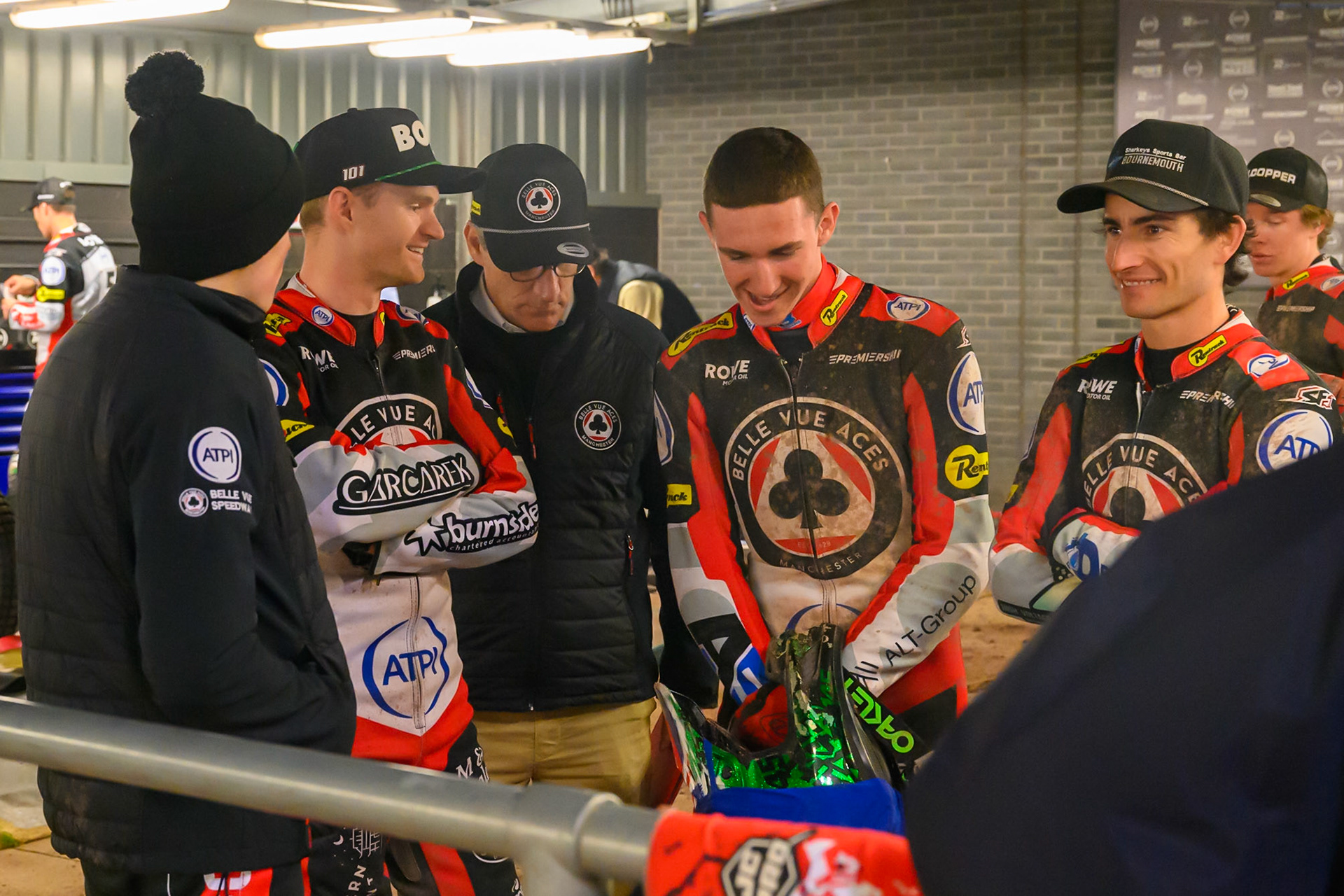 (L to R) Norick Blodorn (back to camera), Brady Kurtz, Mark Lemon, (Team Manager) Will Cairns and Zach Cook of Belle Vue Aces  during the Rowe Motor Oil Premiership Grand Final 2nd Leg between Belle Vue Aces and Sheffield Tigers at the National Speedway Stadium, Manchester on Friday 16th October 2026. (Photo: Ian Charles | MI News)