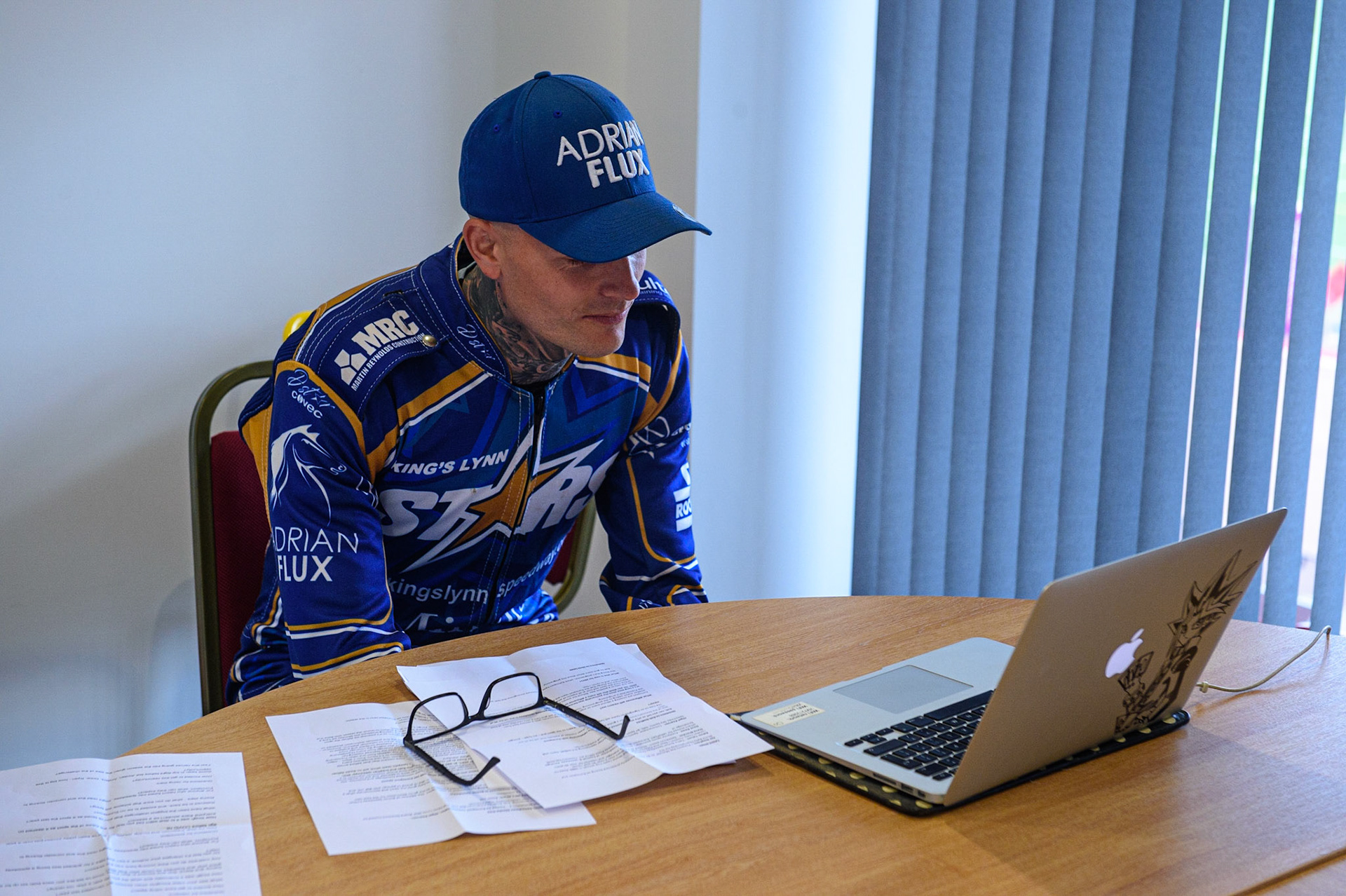 Photo: Ian CharlesLewis Kerr chats on the zoom callDiscovery Networks Eurosport Speedway Season Launch, National Speedway Stadium, Manchester Wednesday  12  May  2021