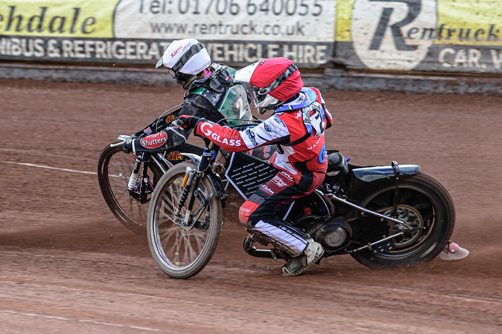 MANCHESTER, UK. APR 15TH  Connor King (White) outside Sam McGurk  (Red)  during the National Development League match between Belle Vue Colts and Plymouth Centurions at the National Speedway Stadium, Manchester on Friday 15th April 2022. (Credit: Ian Charles | MI News)
