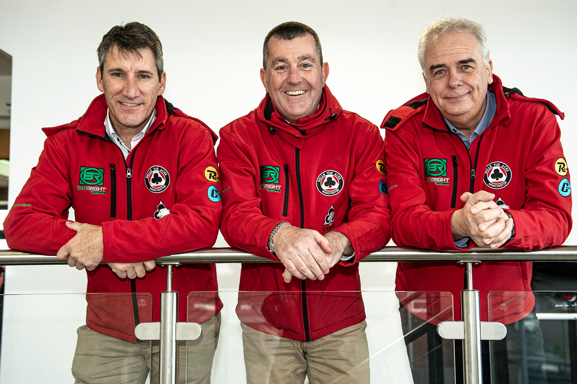 MANCHESTER, ENGLAND  - March 12  Belle Vue Management team: (l-r) Mark Lemon (Team Manager), Adrian Smith (CEO), Robin Southwell (Co-Owner)  during The Belle Vue Speedway Media Day, at The National Speedway Stadium, Manchester, on Thursday 12 March 2020. (Credit: Ian Charles | MI News)