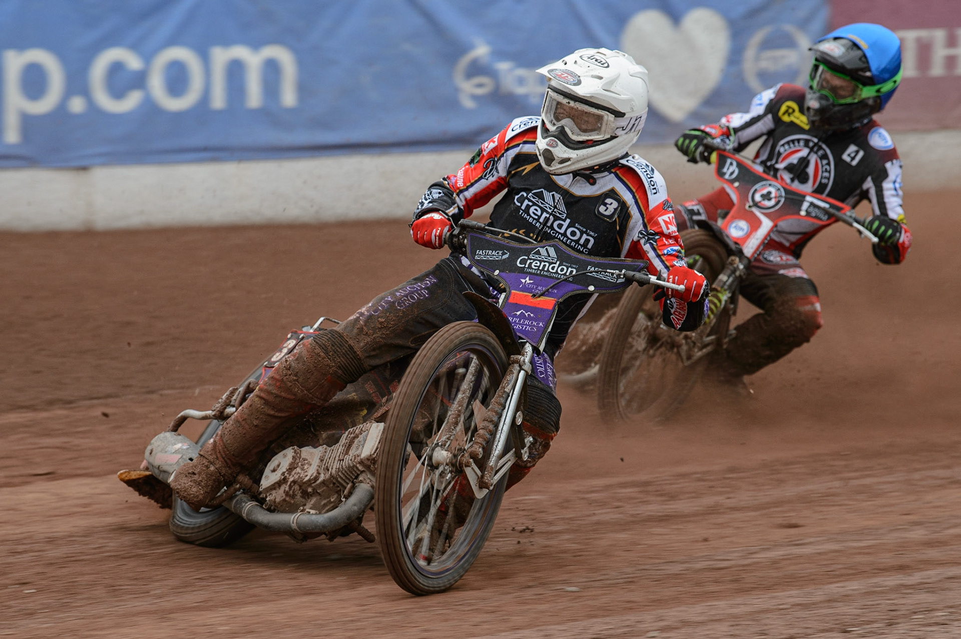 MANCHESTER, UK. MAY 2ND Ulrich Ostergaard  (White) leads Charles Wright  (Blue)  during the SGB Premiership match between Belle Vue Aces and Peterborough at the National Speedway Stadium, Manchester on Monday 2nd May 2022. (Credit: Ian Charles | MI News)