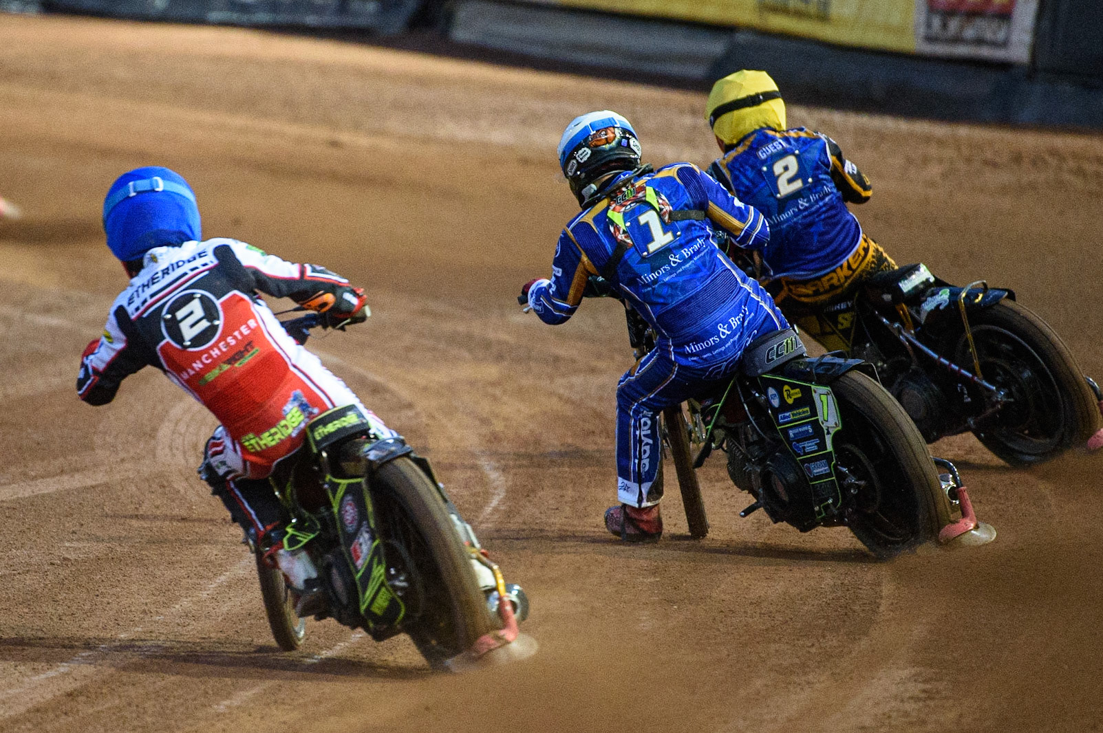 MANCHESTER, UK. SEPT 13TH  Jye Etheridge  (Blue) chases Craig Cook  (White) and Ben Barker  (Yellow) during the SGB Premiership match between Belle Vue Aces and King's Lynn Stars at the National Speedway Stadium, Manchester on Monday 13th September 2021. (Credit: Ian Charles | MI News)