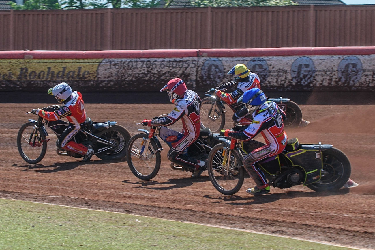 MANCHESTER, UK. MAY 31ST  Scott Nicholls  (White) leads Steve Worrall  (Red) Tom Brennan  (Blue) and Ulrich Ostergaard  (Yellow) during the SGB Premiership match between Belle Vue Aces and Peterborough at the National Speedway Stadium, Manchester on Monday 31st May 2021. (Credit: Ian Charles | MI News)