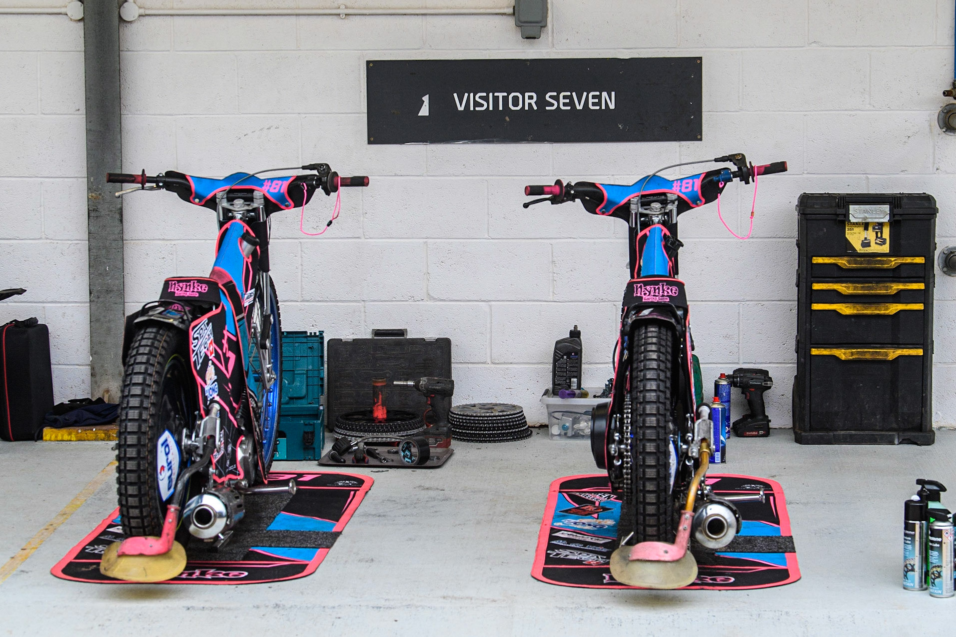 Nynke Sijbesma’s pit area ready for the training during the FIM Women's  Speedway Academy at the National Speedway Stadium, Manchester on Friday 4th August 2023. (Photo: Ian Charles | MI News)