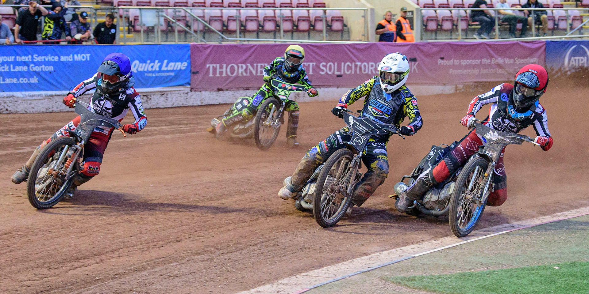 MANCHESTER, UK. JUN 24TH  Kyle Bickley  (White) leads’ Harry McGurk  (Red) and Jack Smith  (Blue) with Ace Pijper  (Yellow) behind during the National Development League match between Belle Vue Colts and Berwick Bullets at the National Speedway Stadium, Manchester on Friday 24th June 2022. (Credit: Ian Charles | MI News)