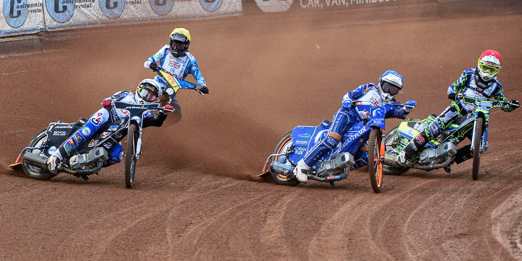 MANCHESTER, UK. AUGUST 16TH   Dan Bewley (White) outside Lewis Kerr  (Blue), Paul Starke  (Red) with Adam Ellis (Yellow) behind during the Sports Insure British Speedway Finals at the National Speedway Stadium, Manchester on Monday 16th August 2021. (Credit: Ian Charles | MI News)