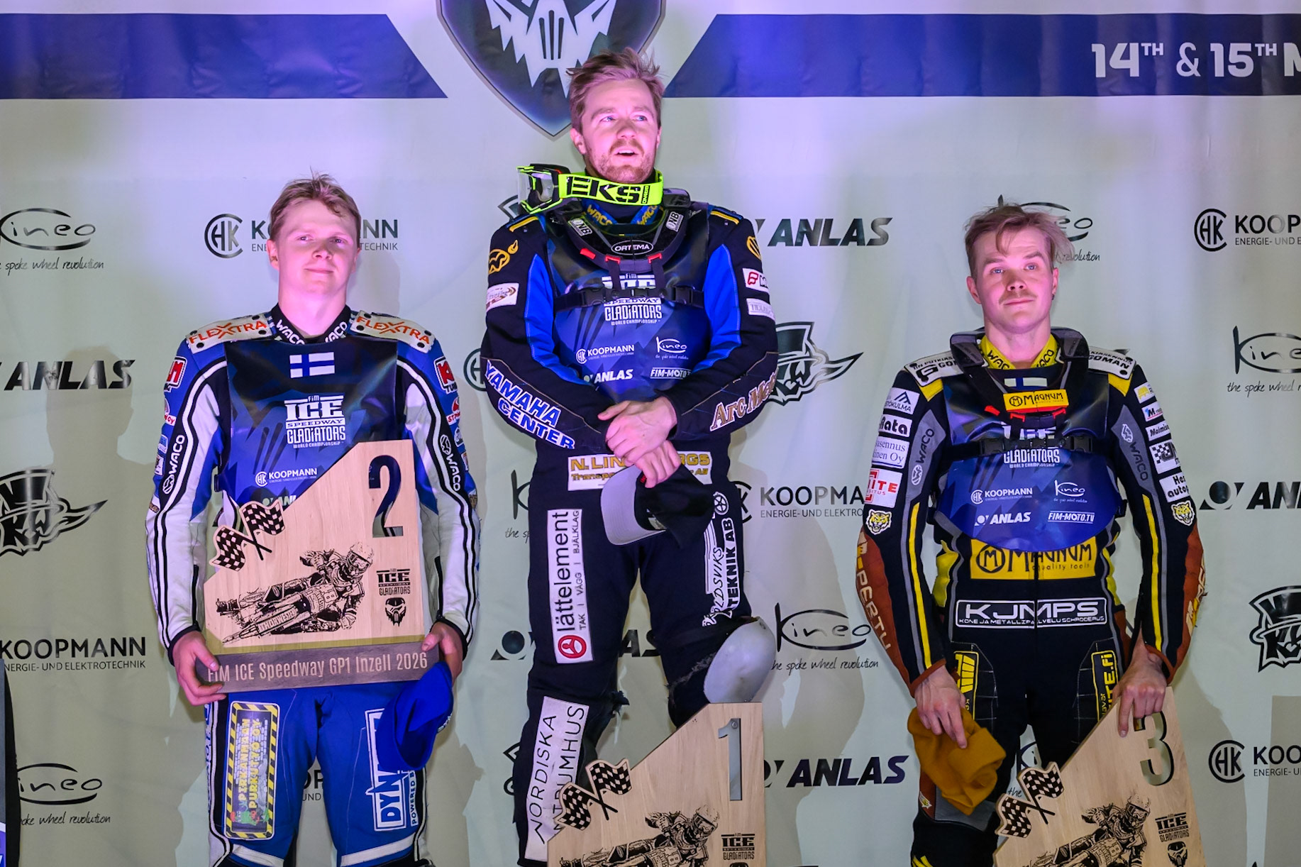 Final 1 Top 3; (L to R) Max Koivula (24) of Finland (2nd), Martin Haarahiltunen (199) of Sweden (Winner), Heikki Huusko (67) of Finland (3rd) during the Ice Speedway Gladiators World Championship Final 1 at Max-Aicher-Arena, Inzell on Saturday 14th March 2026. (Photo: Ian Charles | MI News)