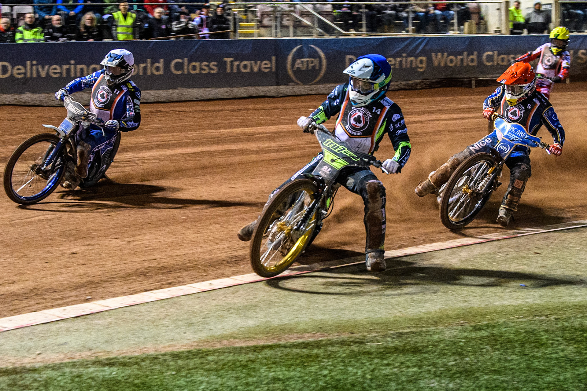 Jason Doyle in Blue rides inside Chris Harris in White with Robert Lambert in Red and Jaimon Lidsey in Yellow behind during the Peter Craven Memorial Trophy at the National Speedway Stadium, Manchester on Monday 17th March 2025. (Photo: Ian Charles | MI News)