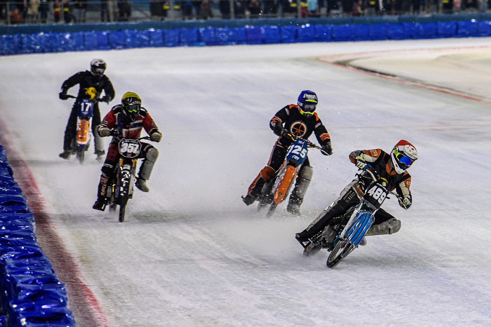 Melwin Björklin of Sweden in Red leading Sebastian Reitsma of The Netherlands in Blue, Jo Saetre of Norway in Yellow and Leon Kramer of The Netherlands in White during the Roelof Thijs Bokaal, Ice Rink Thialf, Heerenveen, Netherlands on Friday 4th April 2025. (Photo: Ian Charles | MI News)