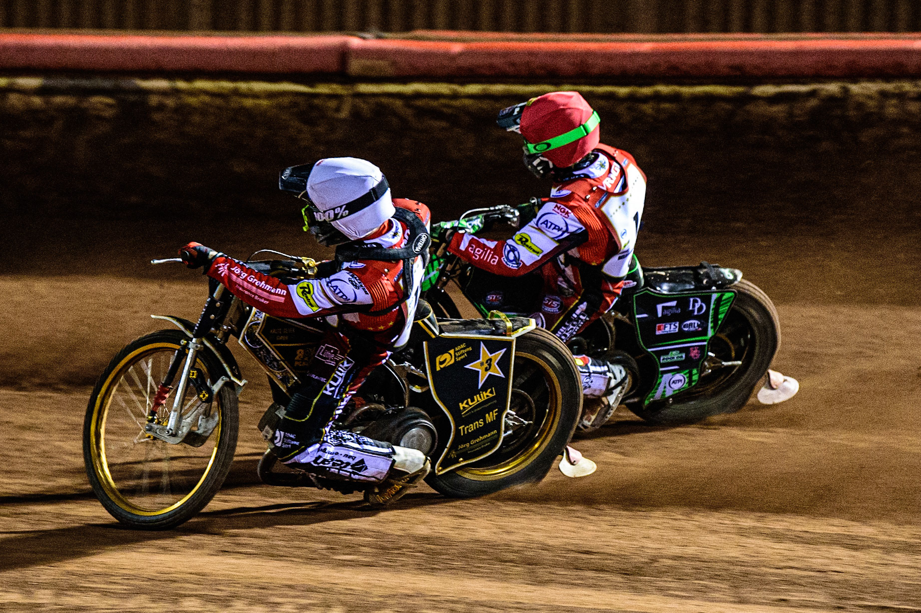 Norick Blodorn  (White) inside Charles Wright  (Red) during the Peter Craven Memorial Trophy  at the National Speedway Stadium, Manchester on Monday 3rd April 2023. (Photo: Ian Charles | MI News)