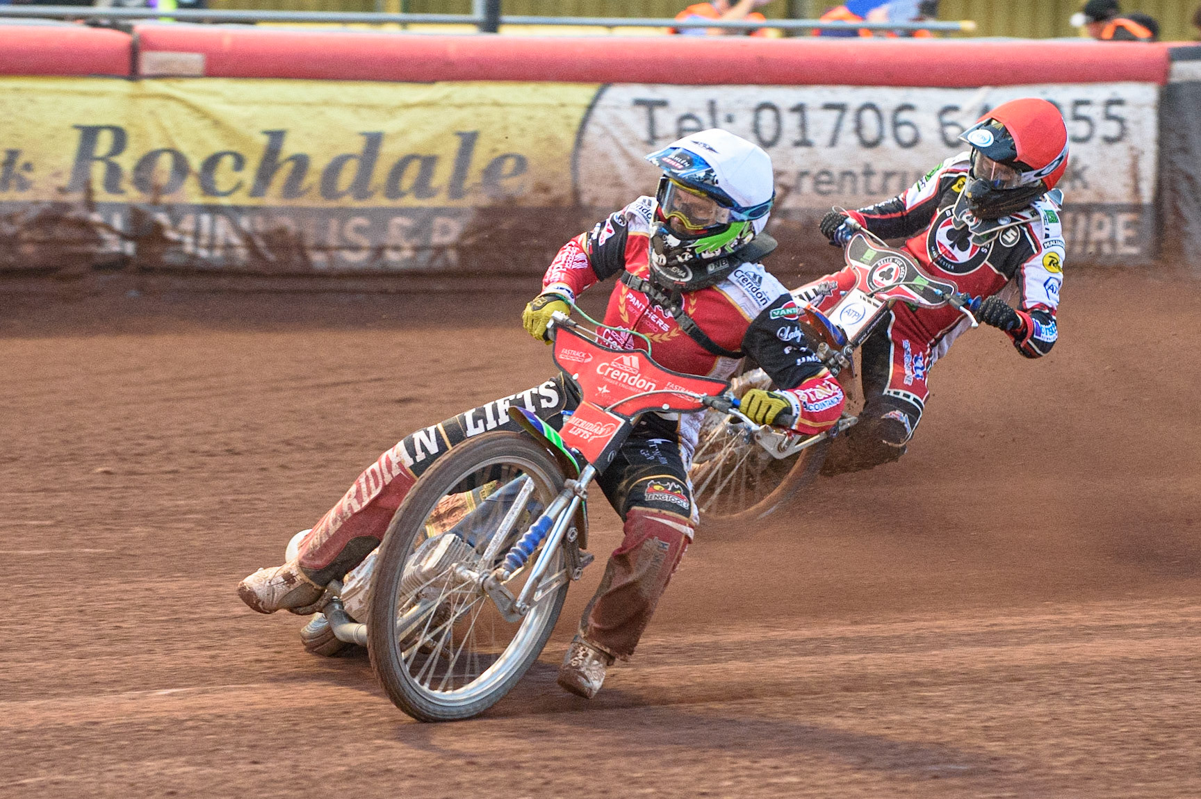 MANCHESTER, UK. AUG 9TH  Hans Andersen  (White) leads Brady Kurtz  (Red)during the SGB Premiership match between Belle Vue Aces and Peterborough at the National Speedway Stadium, Manchester on Monday 9th August 2021. (Credit: Ian Charles | MI News)