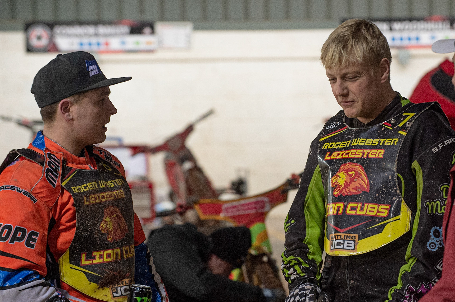 Photo: Ian Charles

Josh Embleton  (left) chats with Ryan Terry-Daley 

Belle Vue Colts v Leicester Lion Cubs, SGB National League KO Cup Final (2nd Leg), Belle Vue National Speedway Stadium, Manchester, Tuesday 29  October  2019