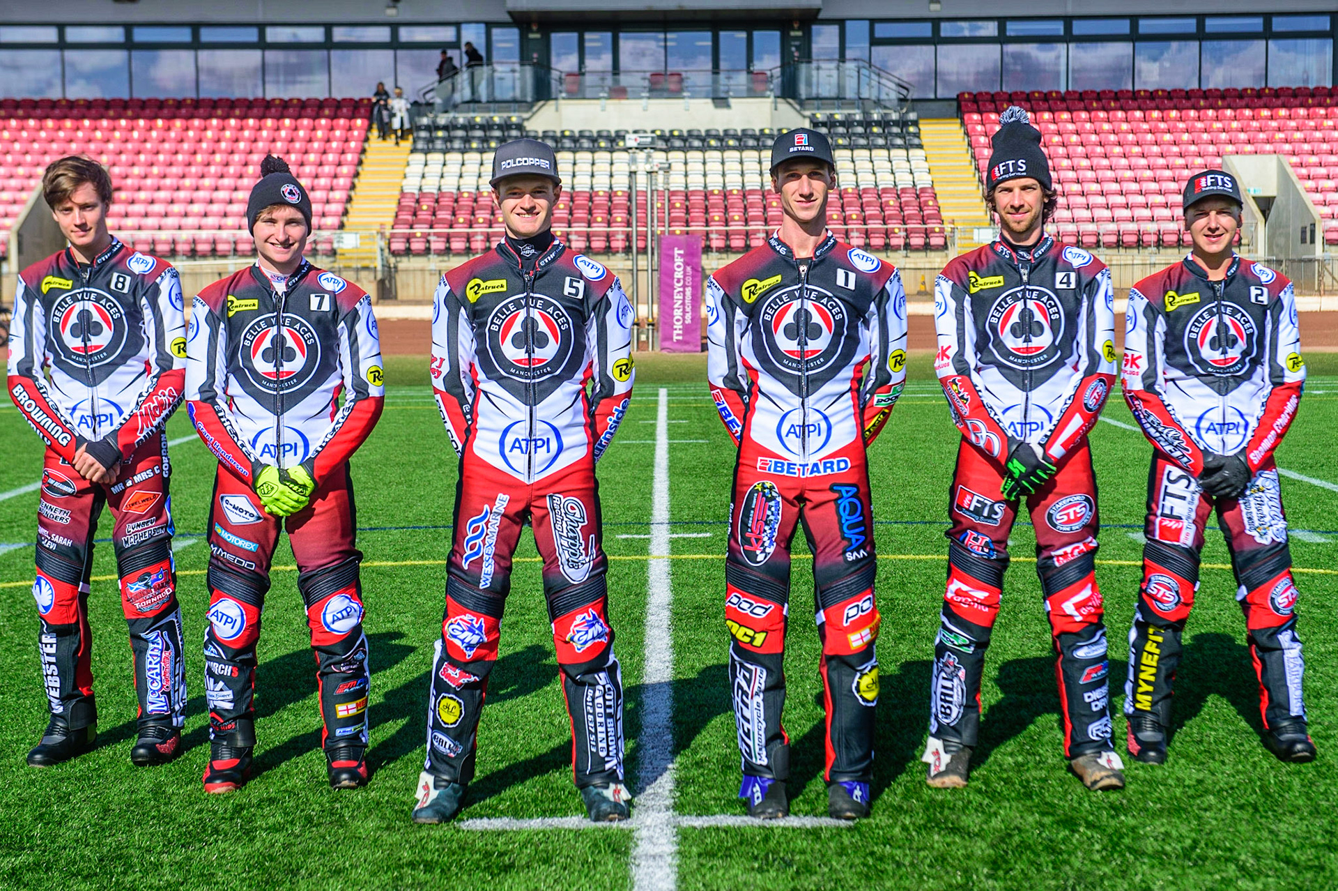 MANCHESTER, UK. MAR 14TH Belle Vue 'ATPI' Aces (l-r): Connor Bailey, Tom Brennan, Brady Kurtz, Max Fricke, Charles Wright, Jye Etheridge during the Belle Vue Speedway Media Day at the National Speedway Stadium, Manchester on Monday 14th March 2022. (Credit: Ian Charles | MI News)