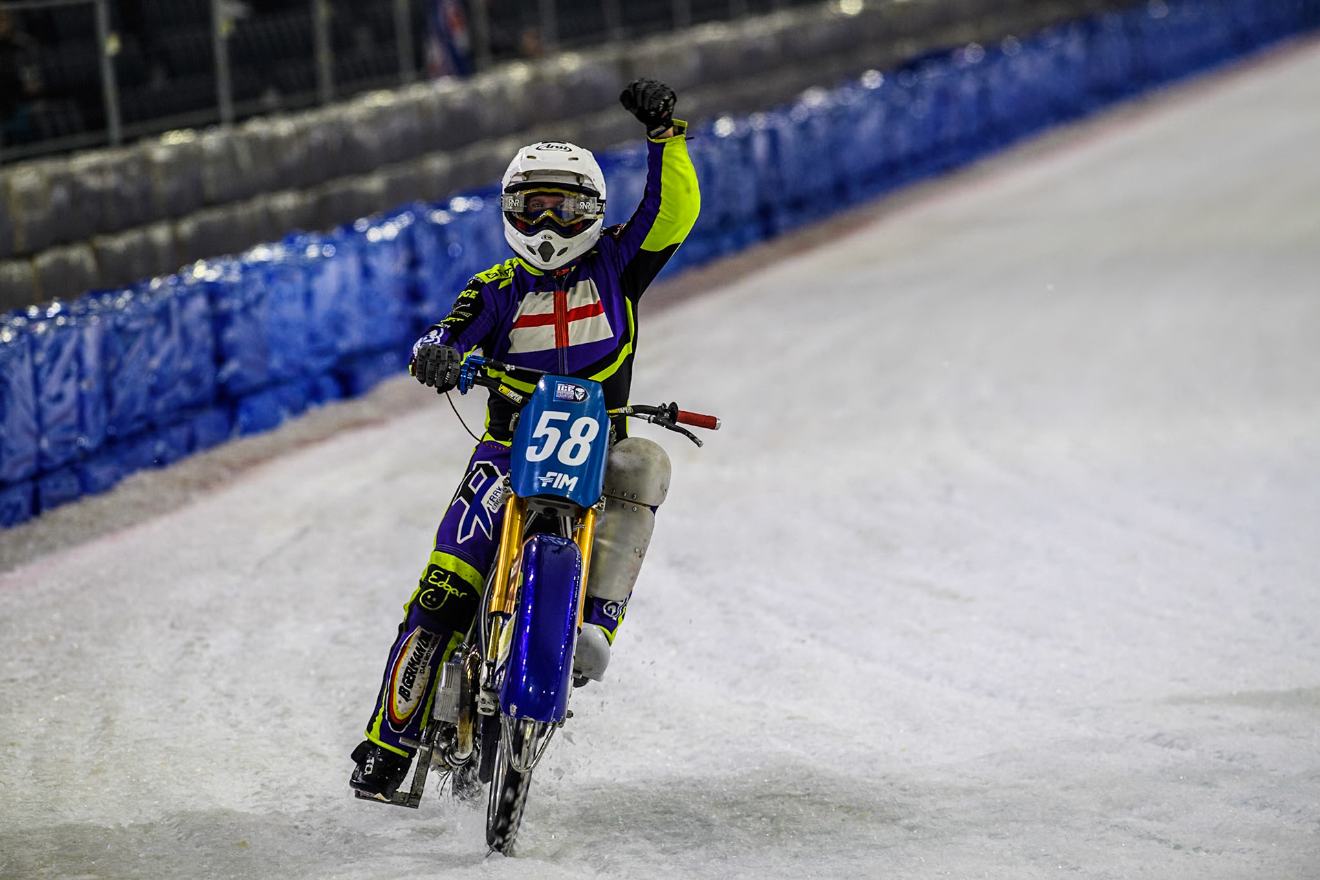 Paul Cooper of Great Britain celebrates his first ever win in his debut Ice Speedway meeting during the Roelof Thijs Bokaal at Ice Rink Thialf, Heerenveen, The Netherlands on Friday 5th April 2024. (Photo: Ian Charles | MI News)