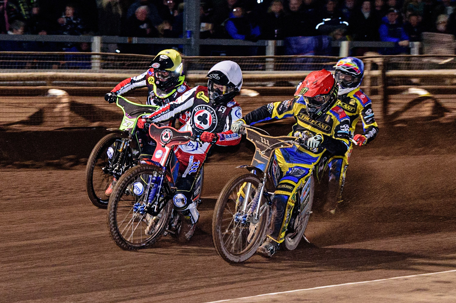 Brady Kurtz  (White) battles with Jack Holder (Red) with Tom Brennan  (Yellow) and David Bellego (Blue) during the Sheffield Tigers vs Belle Vue Aces meeting in the SGP Premiership at Owlerton Stadium, Sheffield on Thursday 23rd March 2023. (Photo: Ian Charles | MI News)