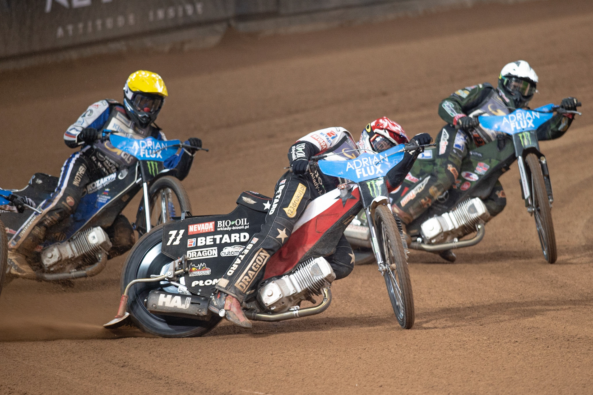 CARDIFF,WALES Maciej Janowski (Red) leads Matej Zagar (Yellow) and Fredrik Lindgren (Blue) during the ADRIAN FLUX BRITISH FIM SPEEDWAY GRAND PRIX at the Principality Stadium, Cardiff on Saturday 21st September 2019. (Credit: Ian Charles | MI News)