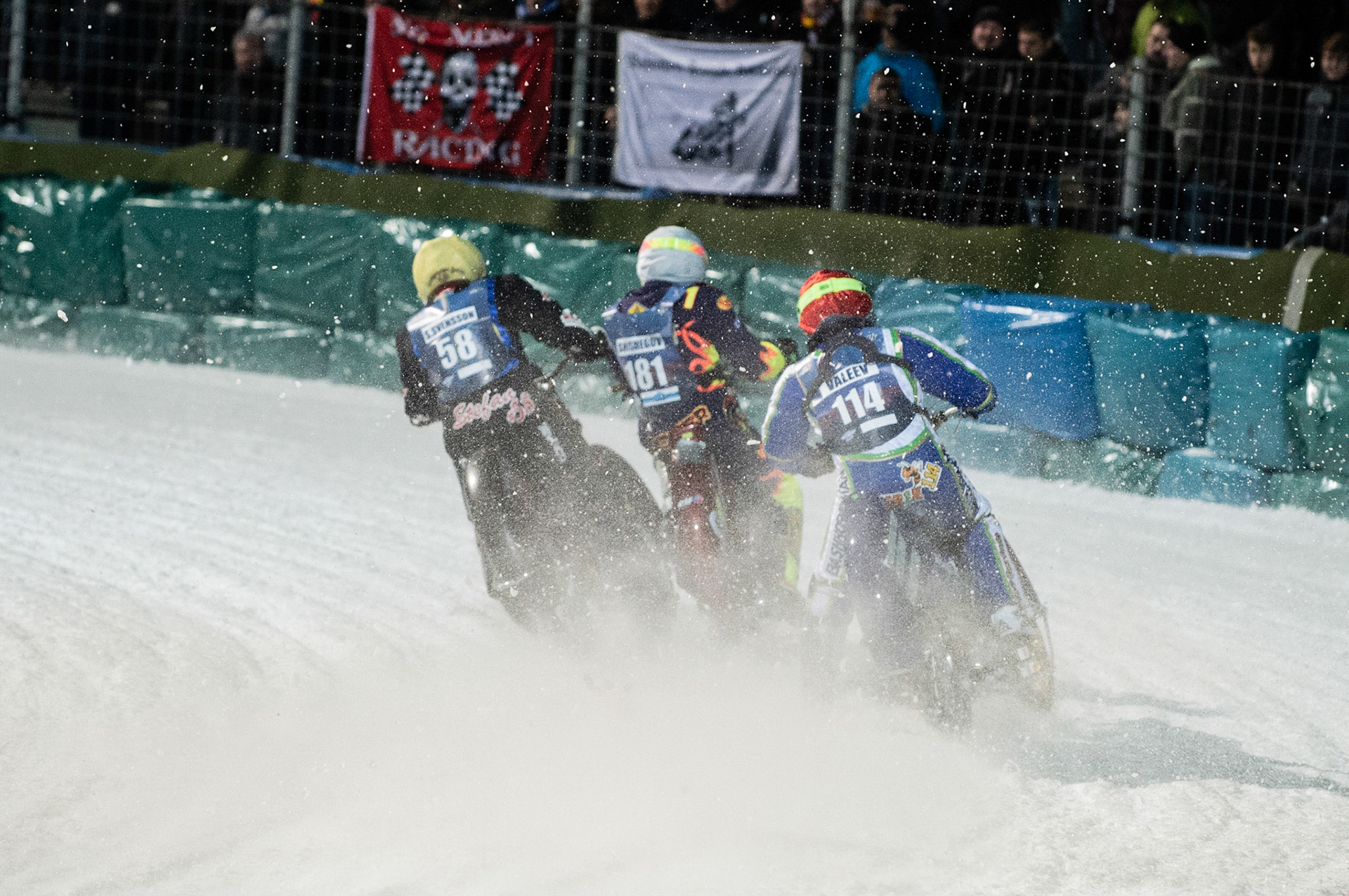 Photo: Ian Charles

Stefan Svensson (58) hits a rut inside Andrei Shishegov (181) and Dinar Valeev (114) causing Shishegov to fall

FIM Ice Speedway Gladiators World Championship, Final 3.1, Horst-Dohm Eisstadion, Berlin, Germany Saturday  2  March  2019
