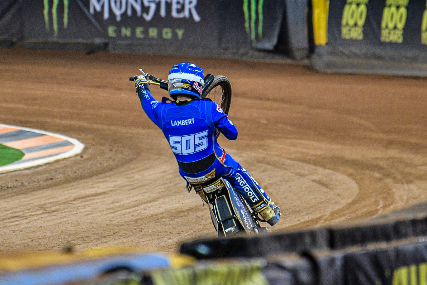 Robert Lambert (505) does a wheelie after his Semi Final during the FIM Speedway Grand Prix of Great Britain at the Principality Stadium, Cardiff on Saturday 2nd September 2023. (Photo: Ian Charles | MI News)