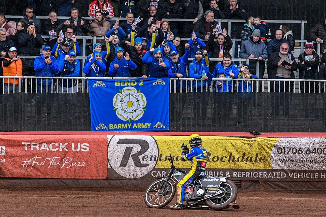 Sheffield Tigers' Tai Woffinden applauds the Sheffield Tru7 Group Tigers travelling supporters during the Rowe Motor Oil Premiership KO Cup Quarter Final 1st Leg between Belle Vue Aces and Sheffield Tigers at the National Speedway Stadium, Manchester on Monday 1st April 2024. (Photo: Ian Charles | MI News)