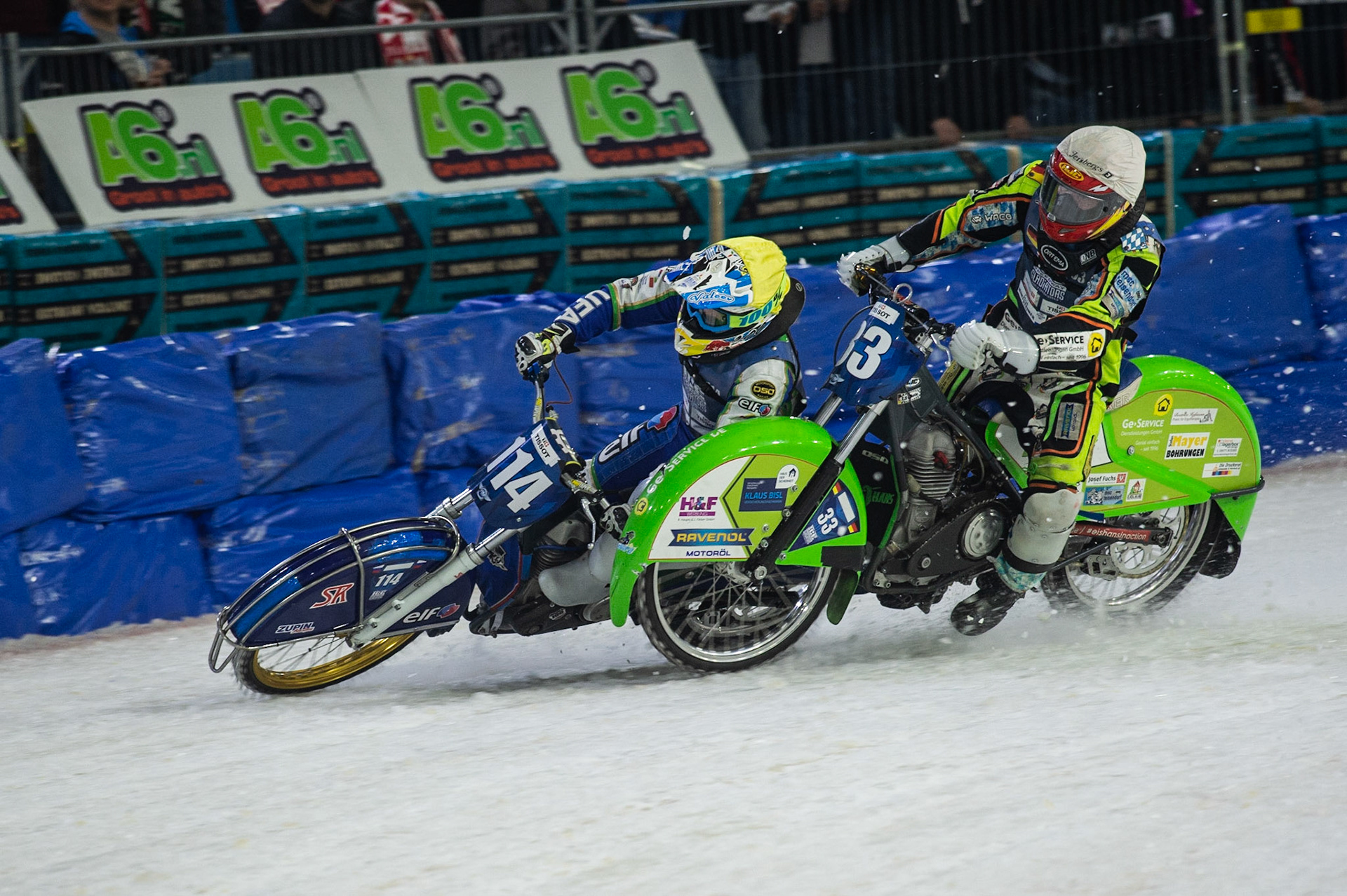 Photo: Ian Charles

Johann Weber (33) and Dinar Valeev (114) lock together and crash out 

FIM Ice Speedway Gladiators World Championship, Event 5.1, Ice Rink Thialf, Heerenveen, Netherlands Saturday  30  March  2019