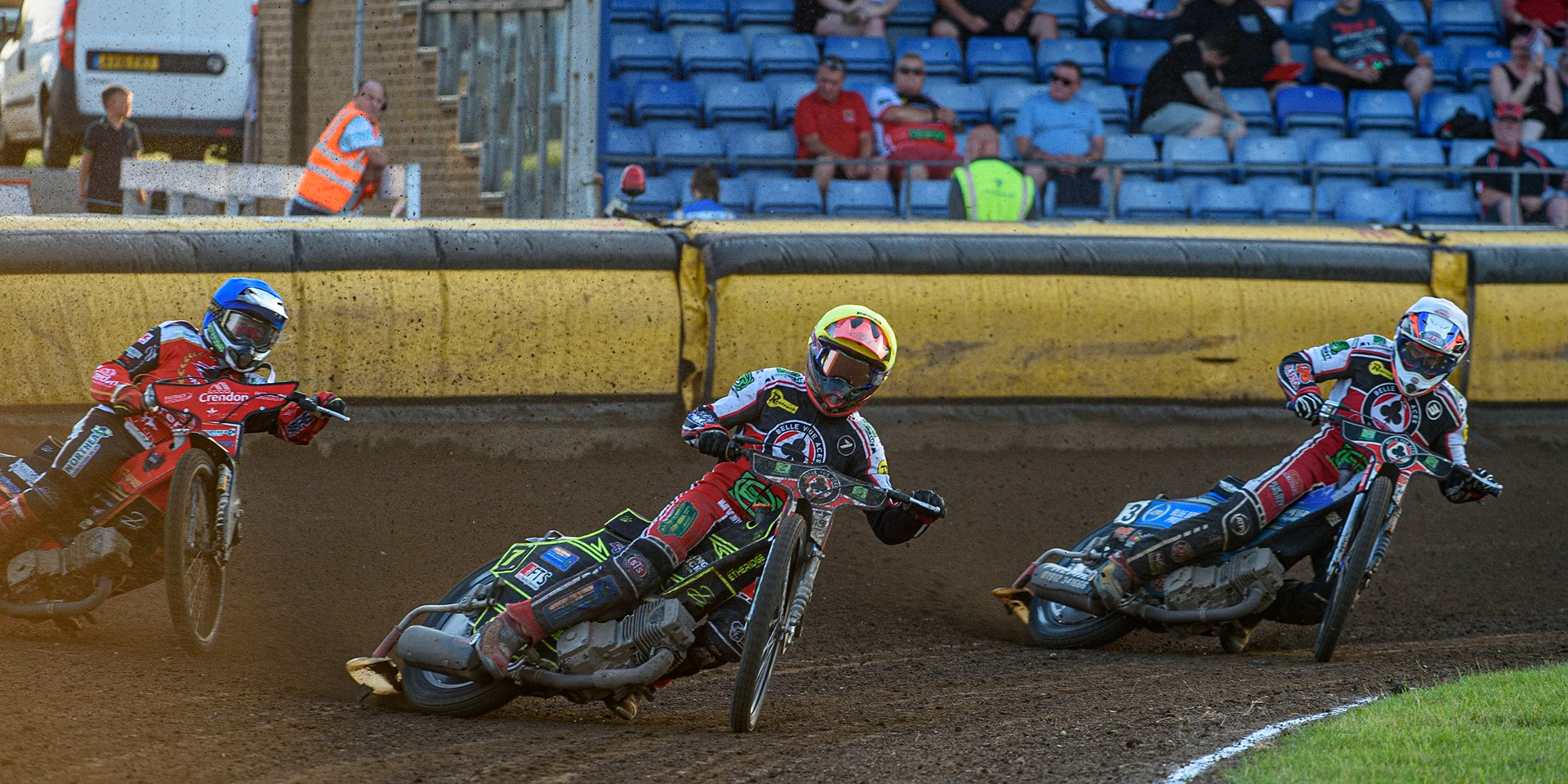 PETERBOROUGH, UK. JULY 19TH  Jye Etheridge  (Yellow) leads Steve Worrall  (White) and Chris Harris  (Blue) during the SGB Premiership match between Peterborough and Belle Vue Aces at East of England Showground, Peterborough on Monday 19th July 2021. (Credit: Ian Charles | MI News)